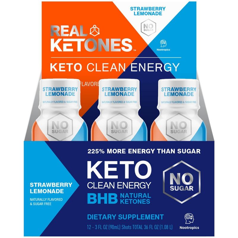 Real Ketones Keto Energy Shots with D-BHB Exogenous Ketones - Strawberry Lemonade - 12ct/36 fl oz