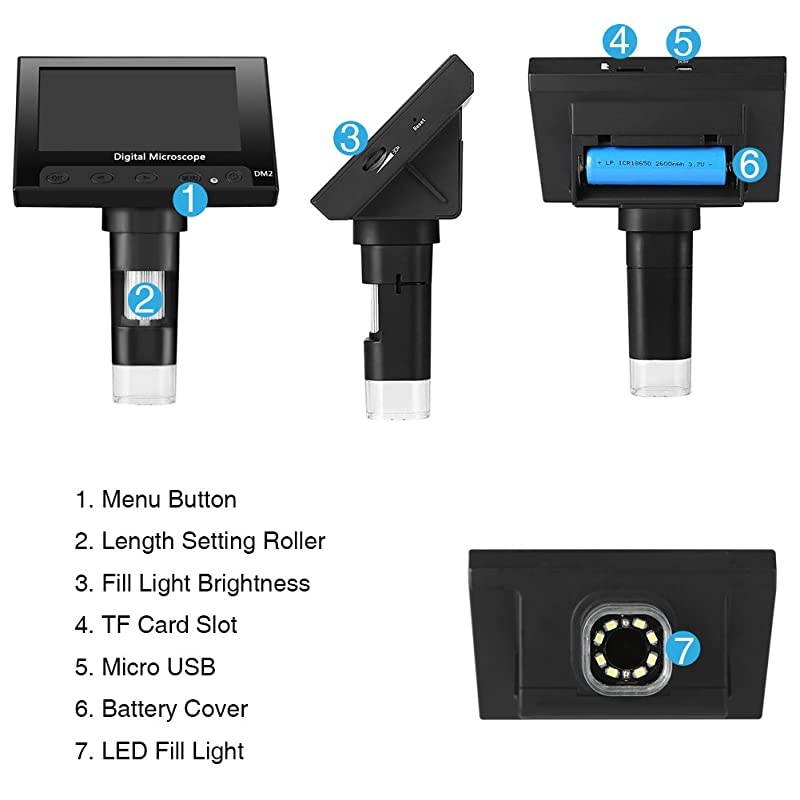 4.3 inch Full Color LCD Digital USB Microscope with 10X-600X Magnification Zoom,8 LED Adjustable Light,Rechargeable Lithium Battery,Micro-SD Storage,Camera Video Recorder