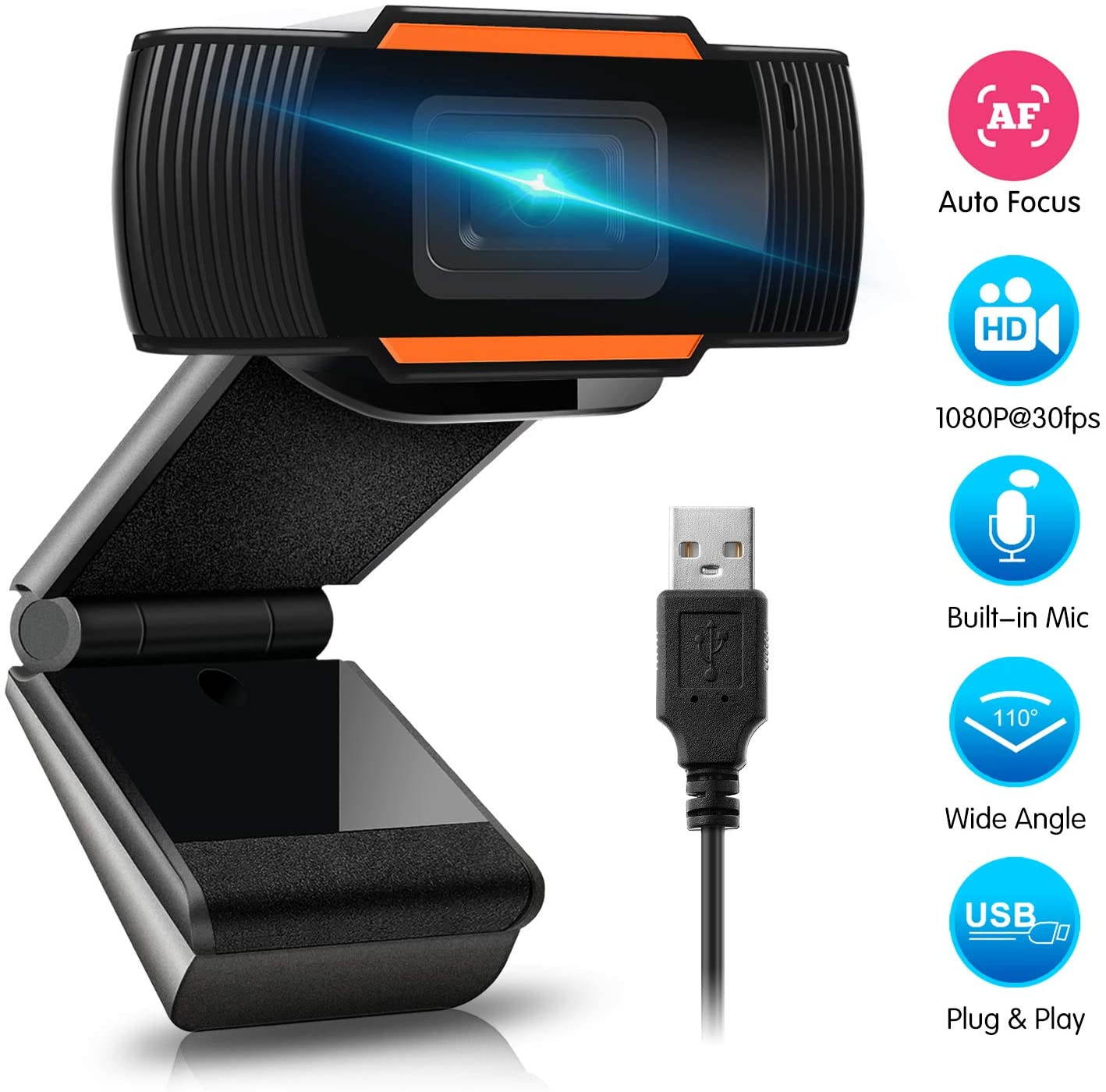 1080P Webcam AutoFocus with Microphone, USB2.0 Computer Camera for Live Streaming Webcam,Wide-Angle 30fps for Laptop, Noise Reduction Desktop, Conferencing, Video Chatting