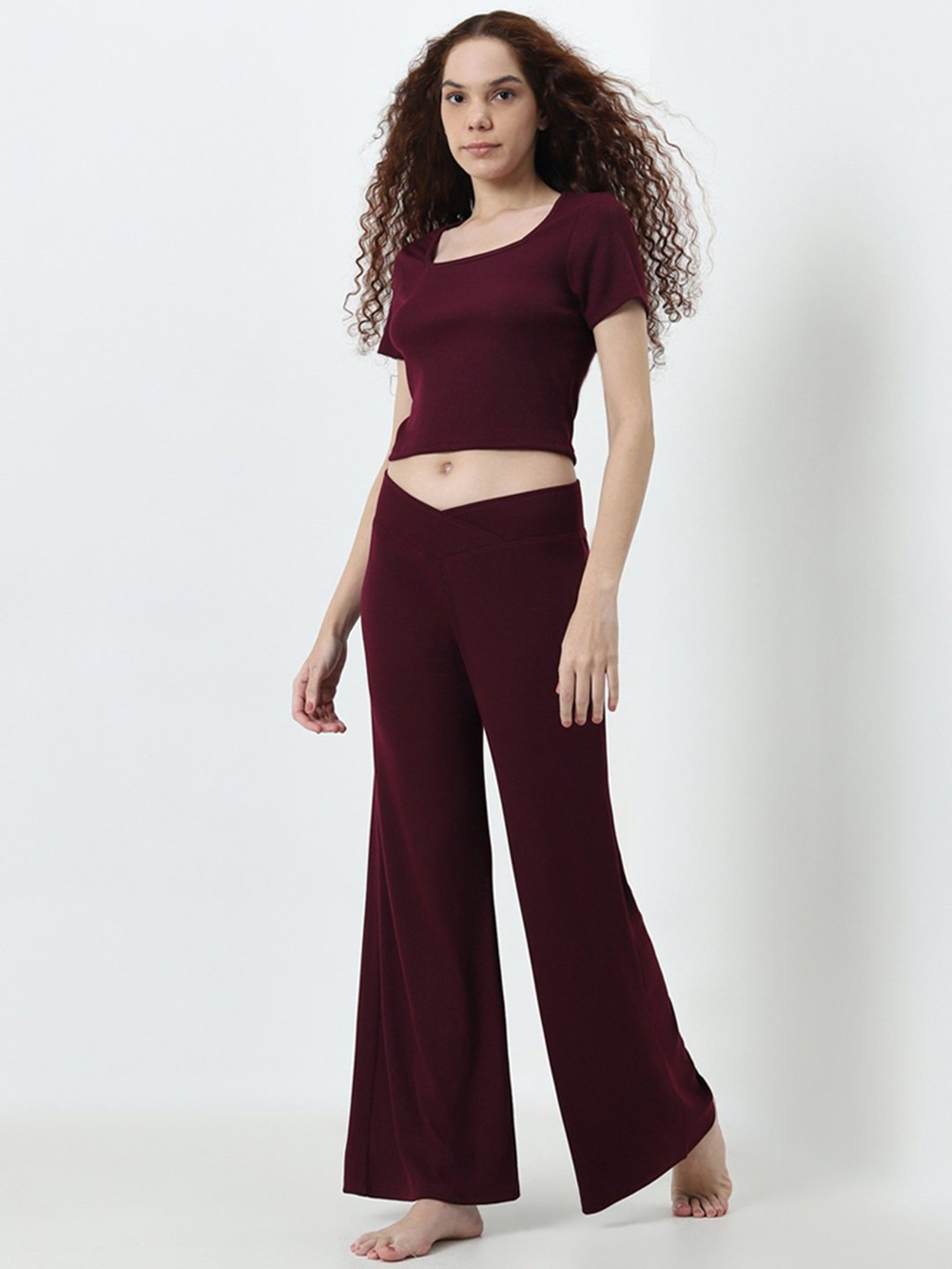 Superstar by Westside Burgundy Ribbed Textured Mid-Rise Pants