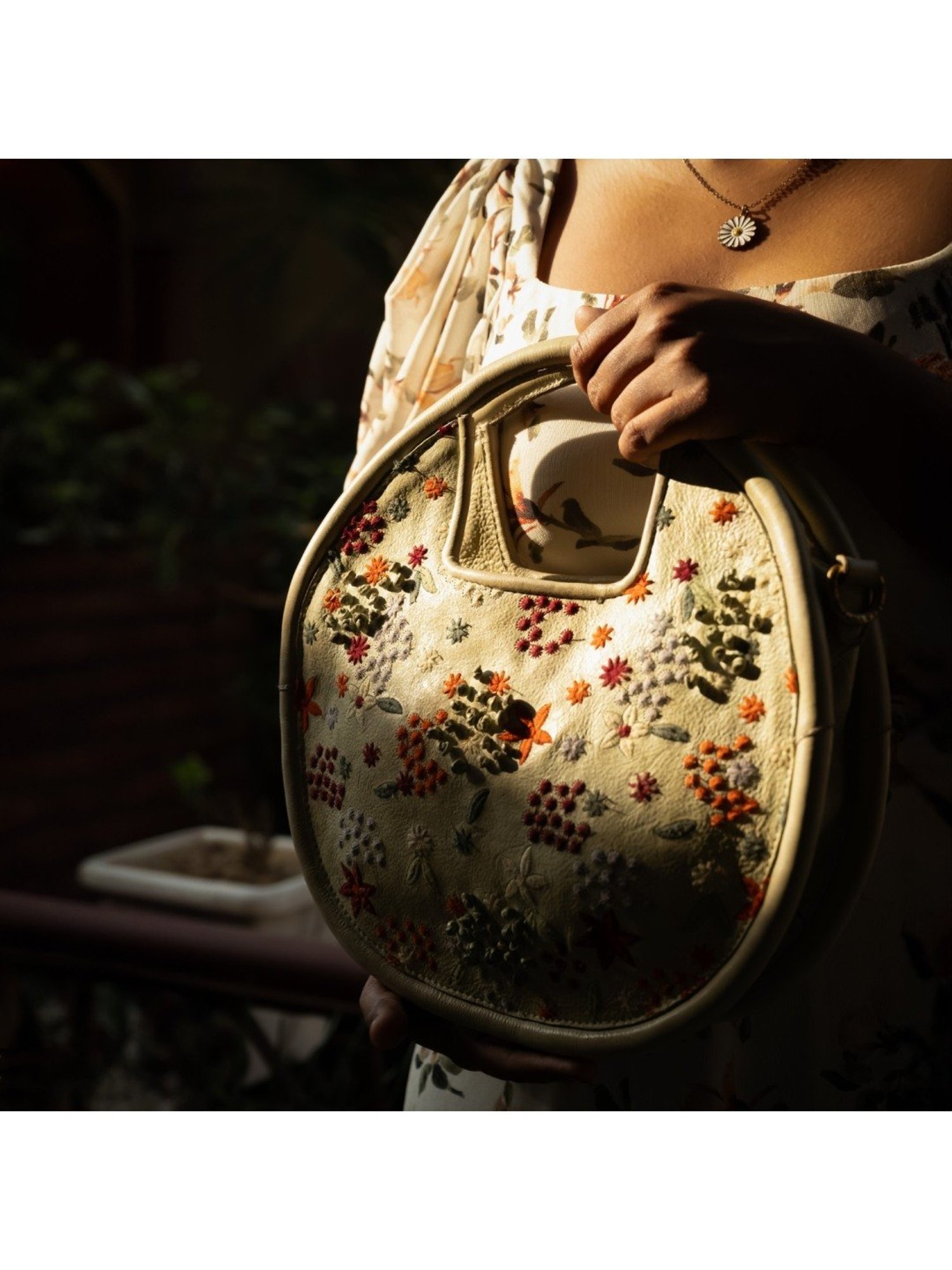 Art N Vintage Floral Bliss Green Leather Embroidered Large Handbag