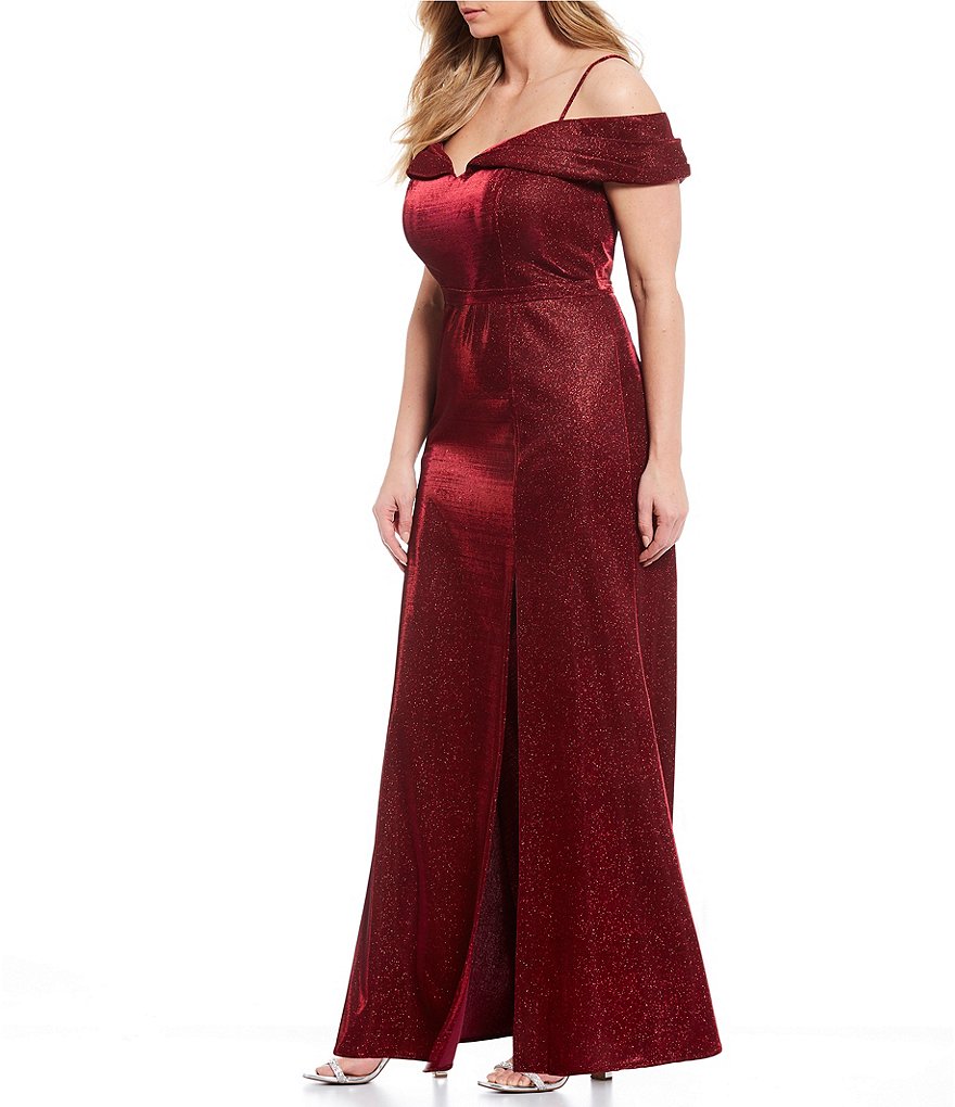 Morgan & Co. Plus Off-The-Shoulder Cap-Sleeve Side Slit Shimmer Shine Long Dress