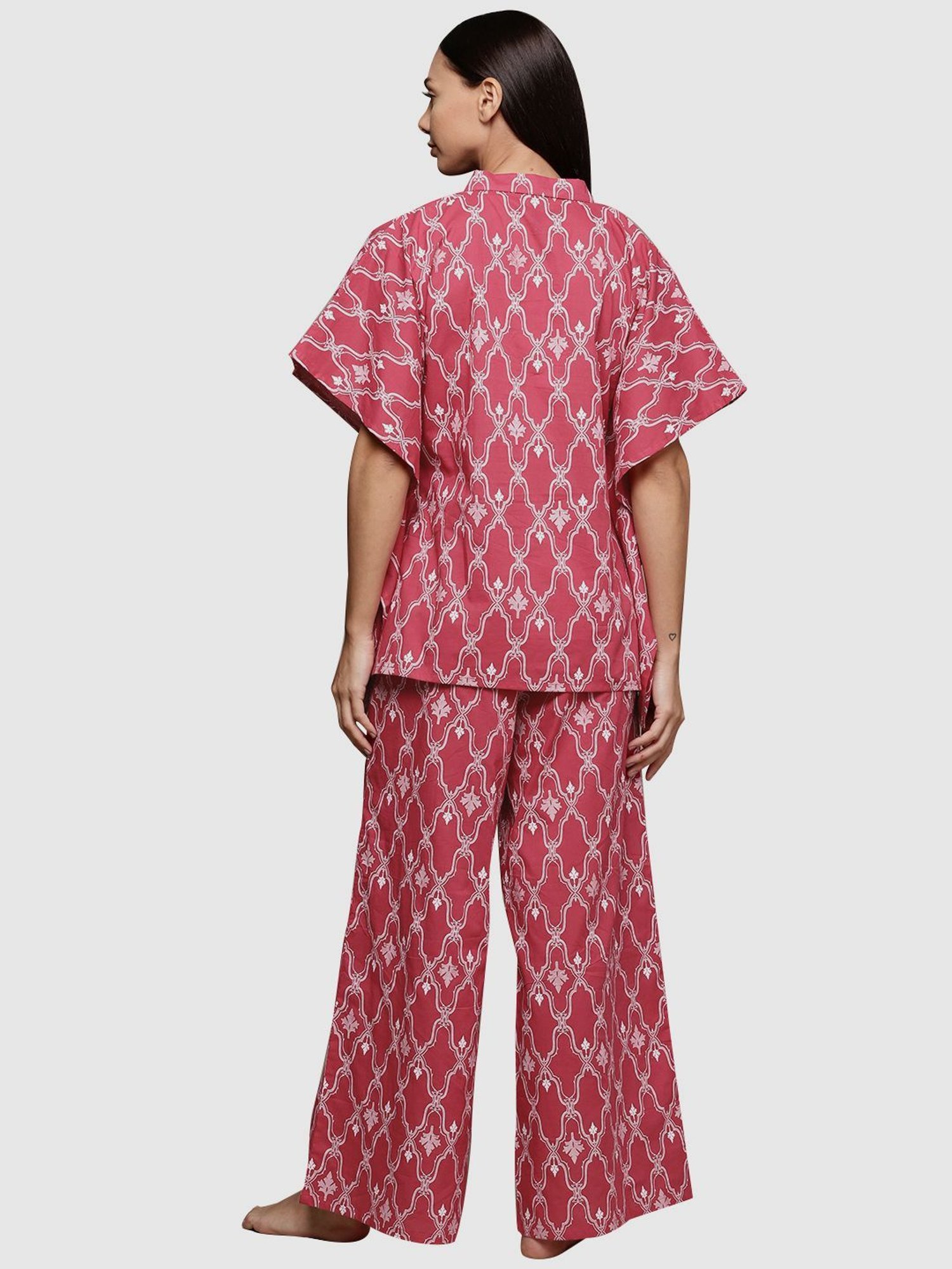 Ziyaa Pink Cotton Printed Kaftan Pyjama Set