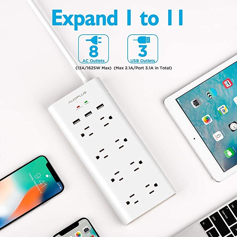 Power Strip with USB,  Surge Protector with 8 Outlets and 3 USB Ports 6Ft Extension Cord Flat Plug/Wall Mountable Grounded, Desktop Charging Station for Computer Laptops Smartphone Home Office