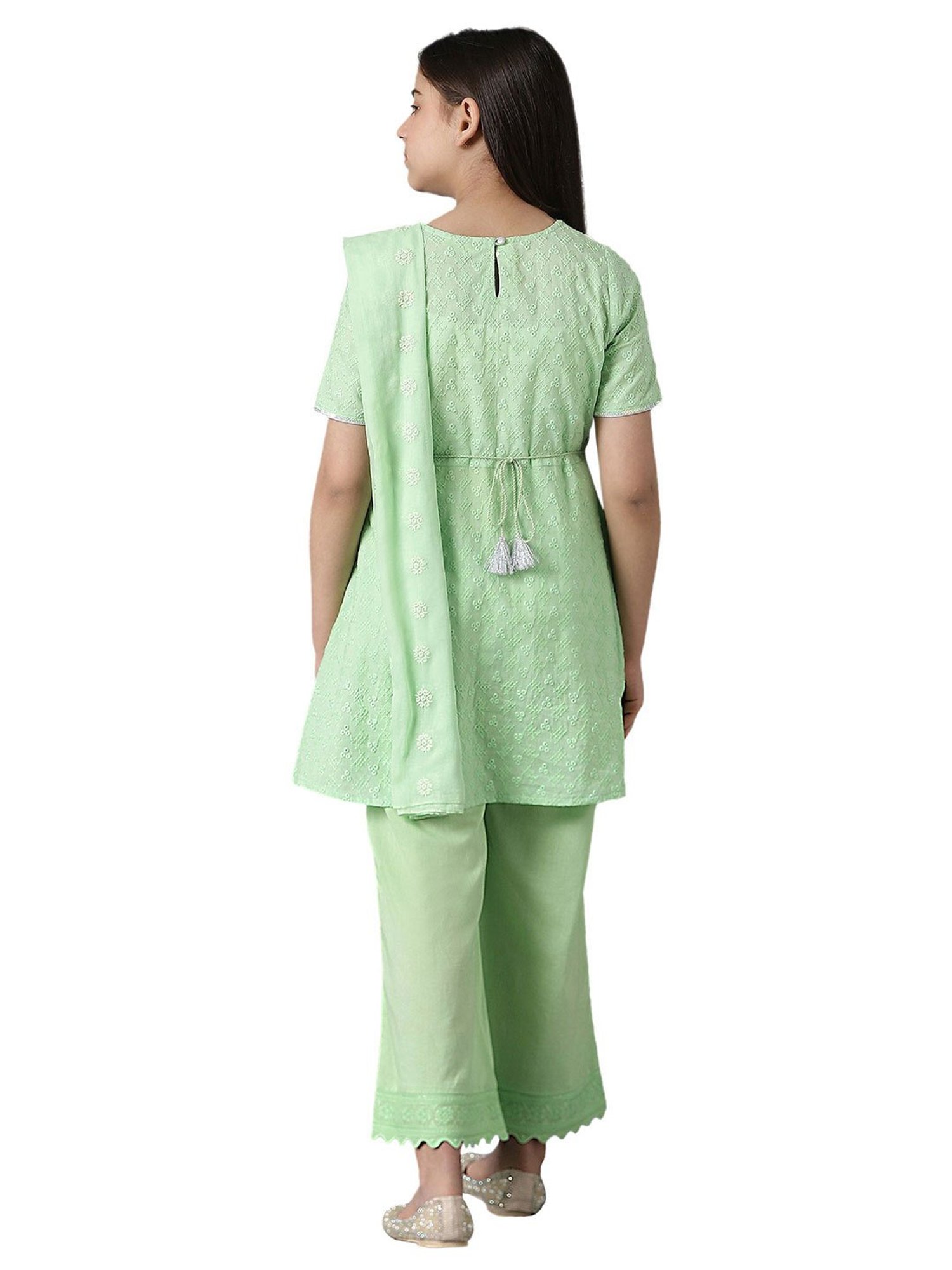 Aurelia Kids Green Embroidered Kurta with Pants & Dupatta