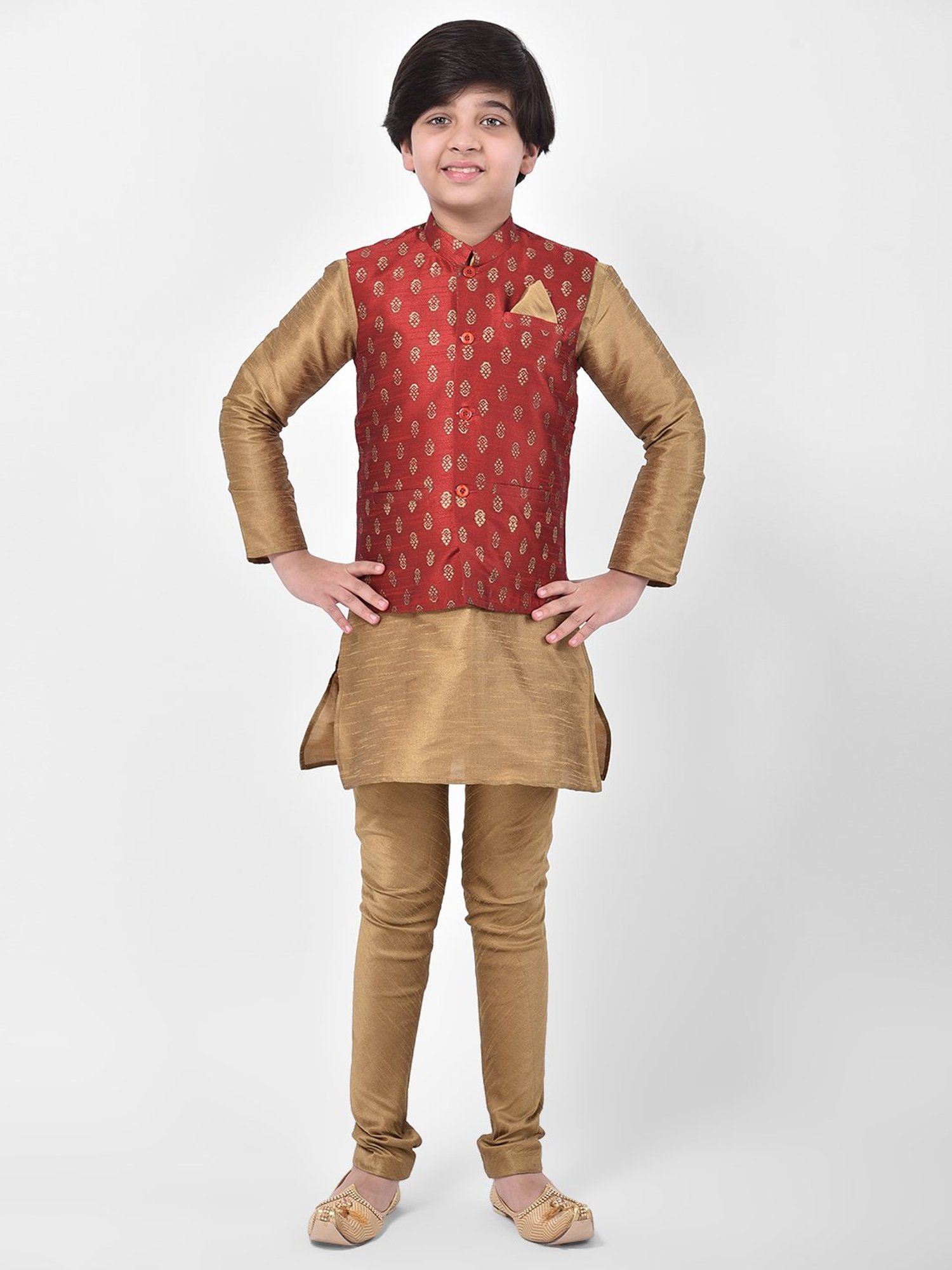 Deyann Kids Brown & Red Self Design Full Sleeves Kurta, Churidar Pants with Nehru Jacket