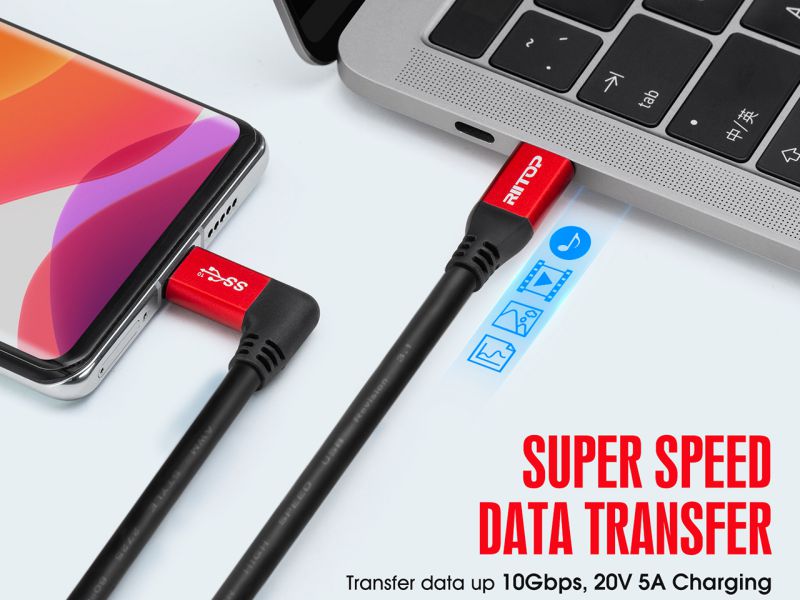 USB C to C Cable [10FT Long], RIITOP USB 3.1 C to C (Gen 2)Cable 90 Degree Angled with Emarker, 20V 5A 100W PD Charging,  10Gbps Data, 4K 60Hz Video for Oculus Quest 2 Link, USB-C Display/Camera