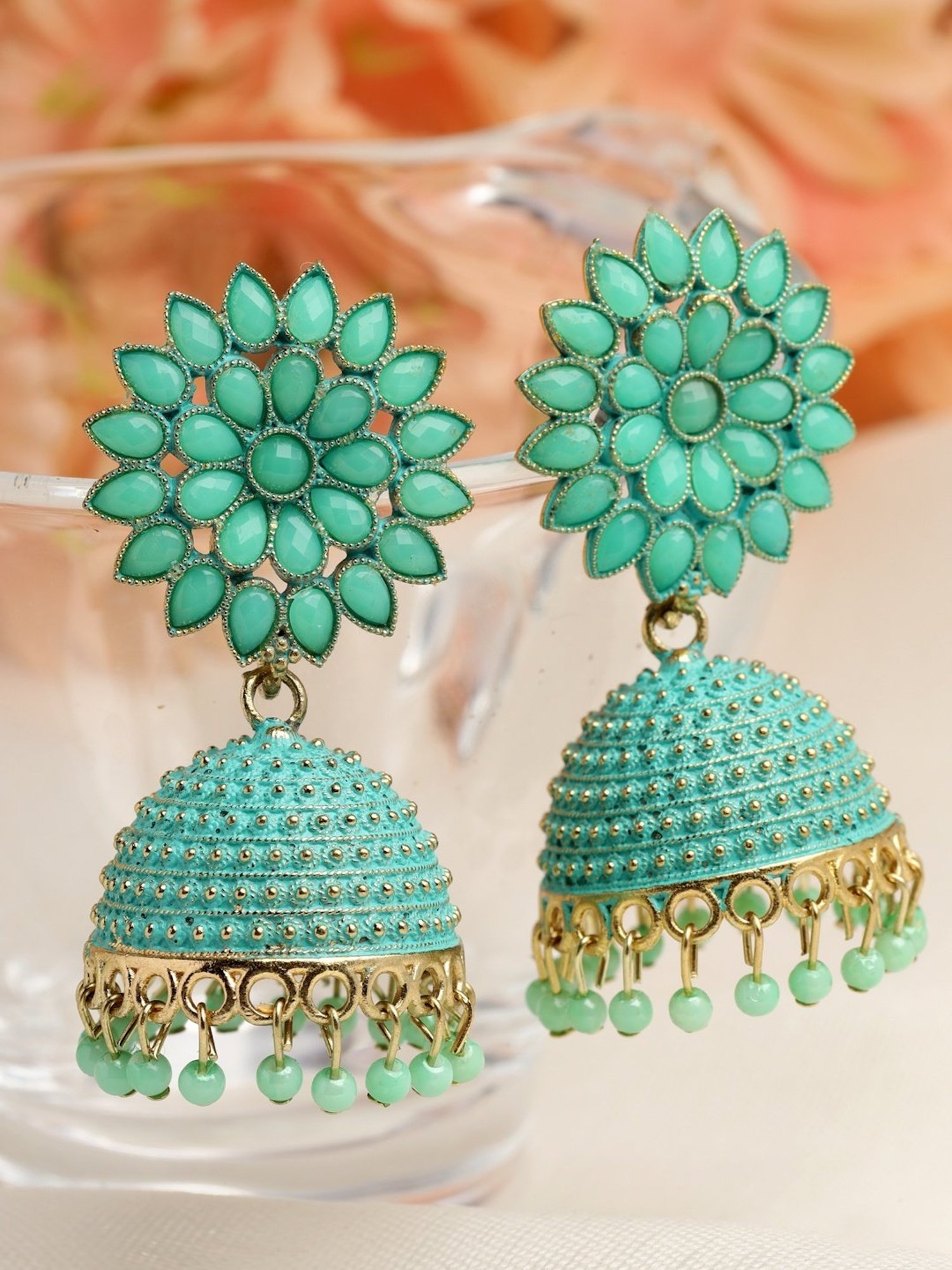 Moedbuille Handcrafted Meenakari Work Crystal Studded Floral Oxidized Gold-Plated Jhumki Earrings