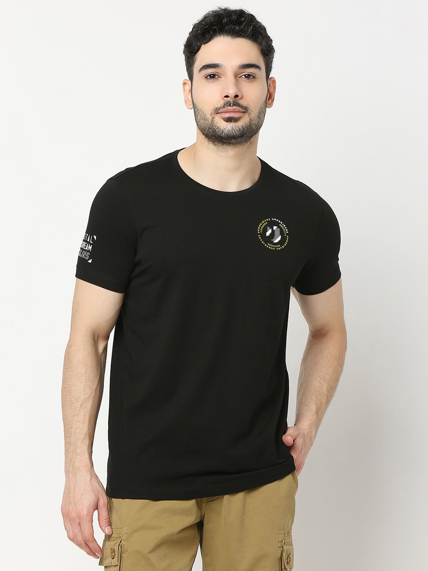 UnderJeans by Spykar Black Regular Fit Logo Print Cotton Crew T-Shirt