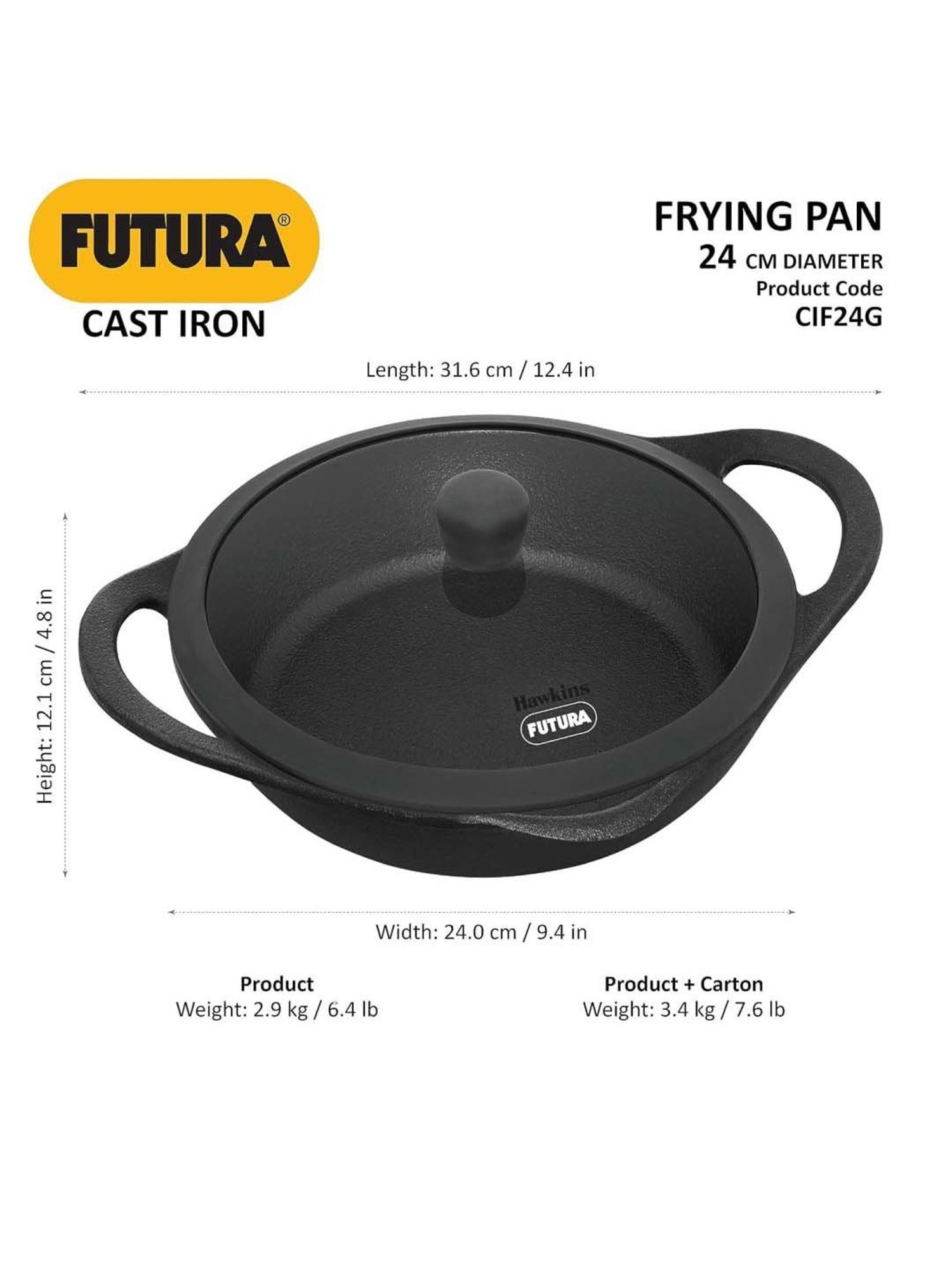 Hawkins Black Cast Iron 24 cm Futura Omlette Frying Pan (Cif24G) (1.8 L)