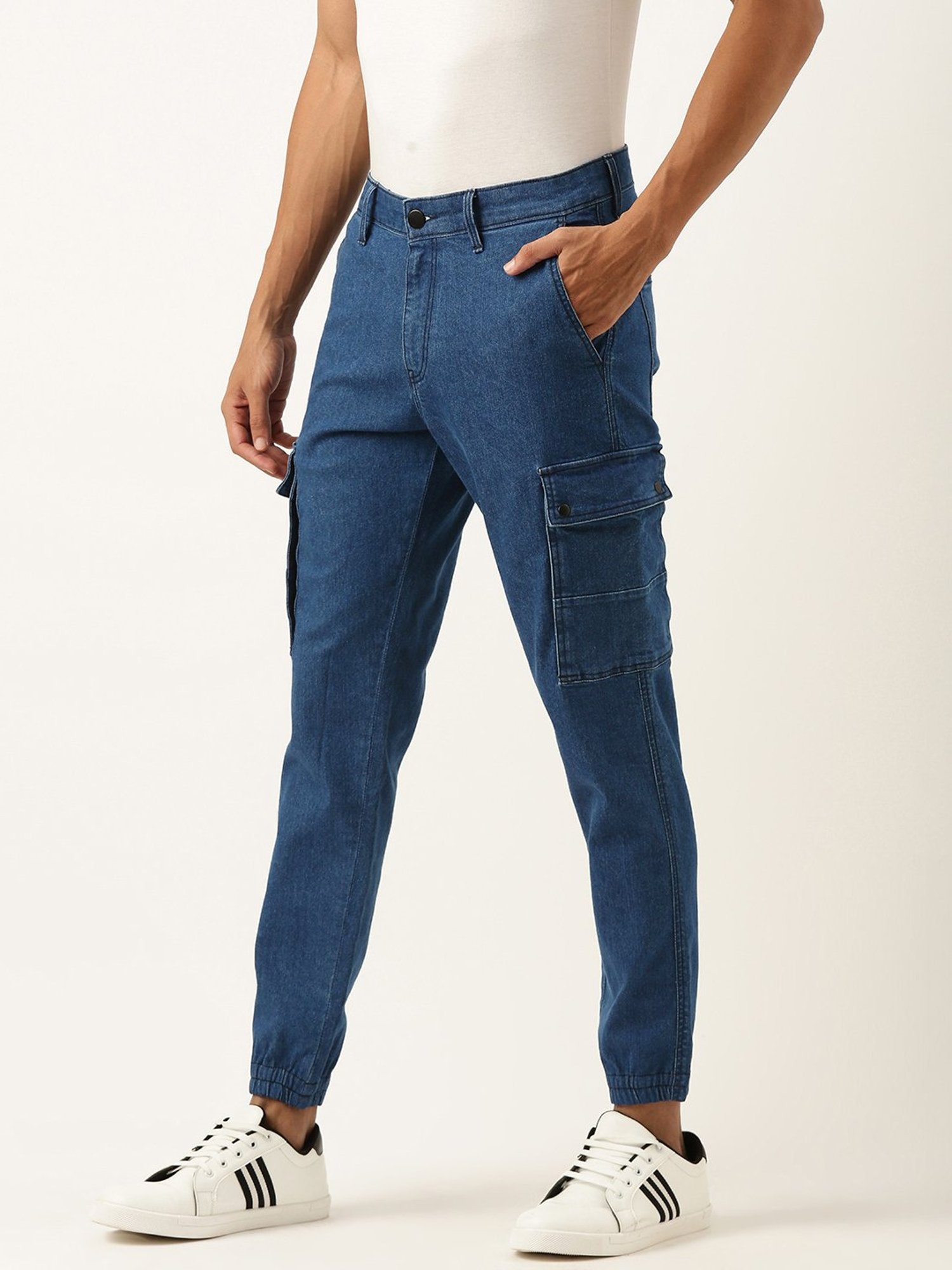 IVOC Medium Blue Regular Fit Lightly Washed Cargo Jogger Jeans