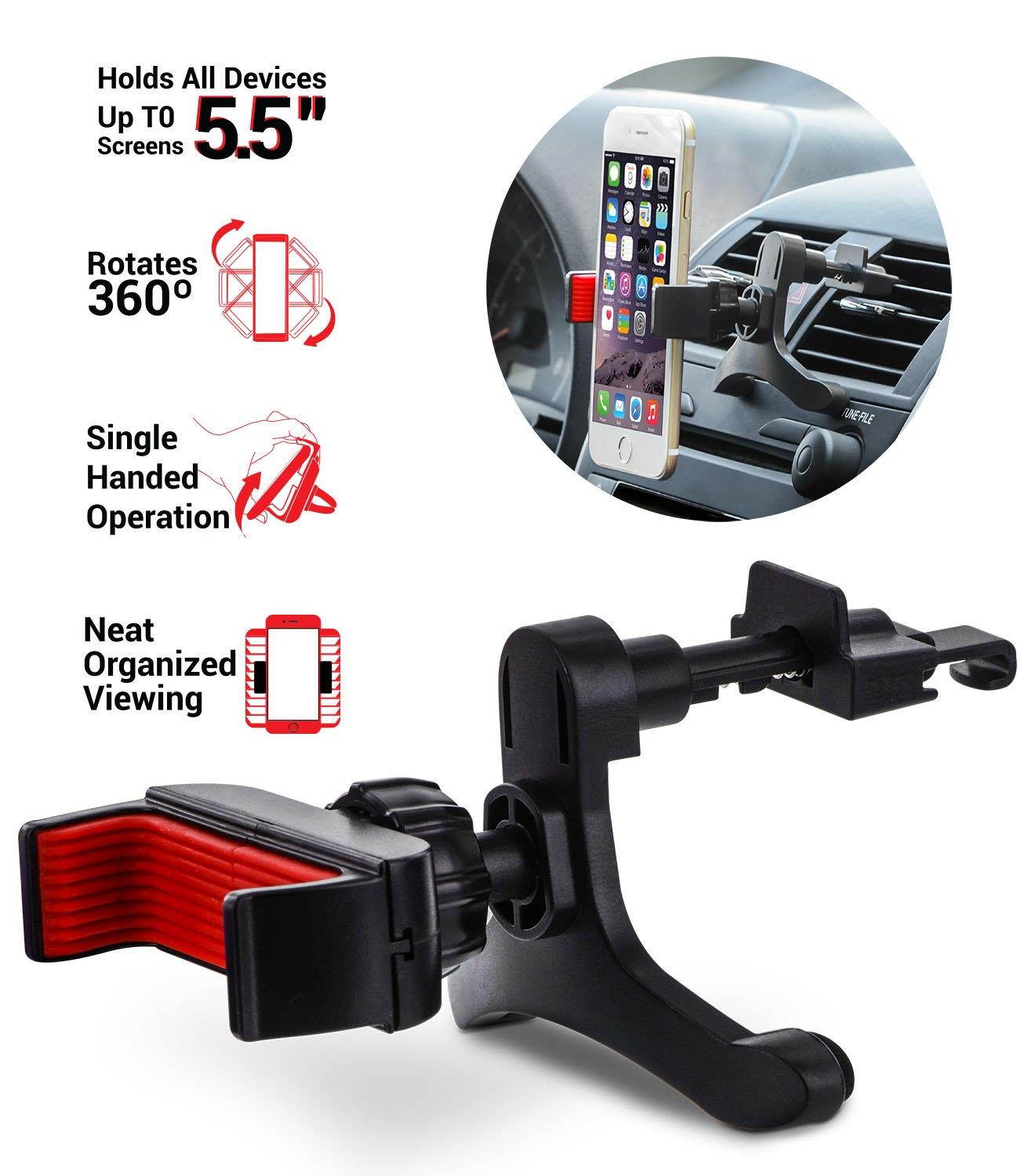 Aduro U-Grip Smartphone Car Mount, [Air Vent] Grip Mount Works with All Mobile Phones - 360 Rotation, Strong Grip, One Handed Operation, (Black/Red)