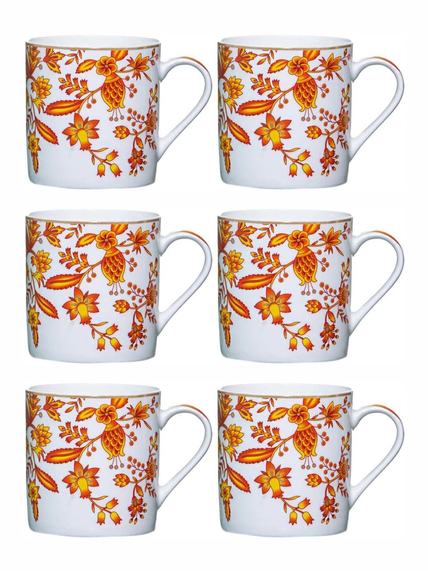 SONAKI White & Orange Bone China Tea Coffee Mugs - Set of 6