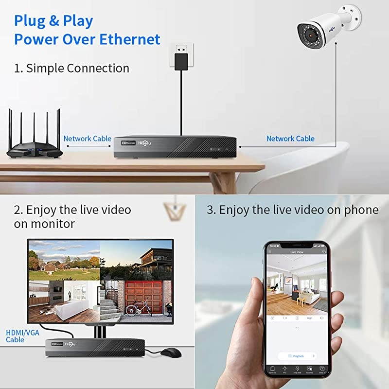 4K PoE Security Camera System, 8CH 8MP Home Surveillance NVR System with 3TB HDD, 4Pcs 4K IP Wired Camera with Night Vision for Indoor Outdoor Security, 30 Days Video/Audio Loops Recording