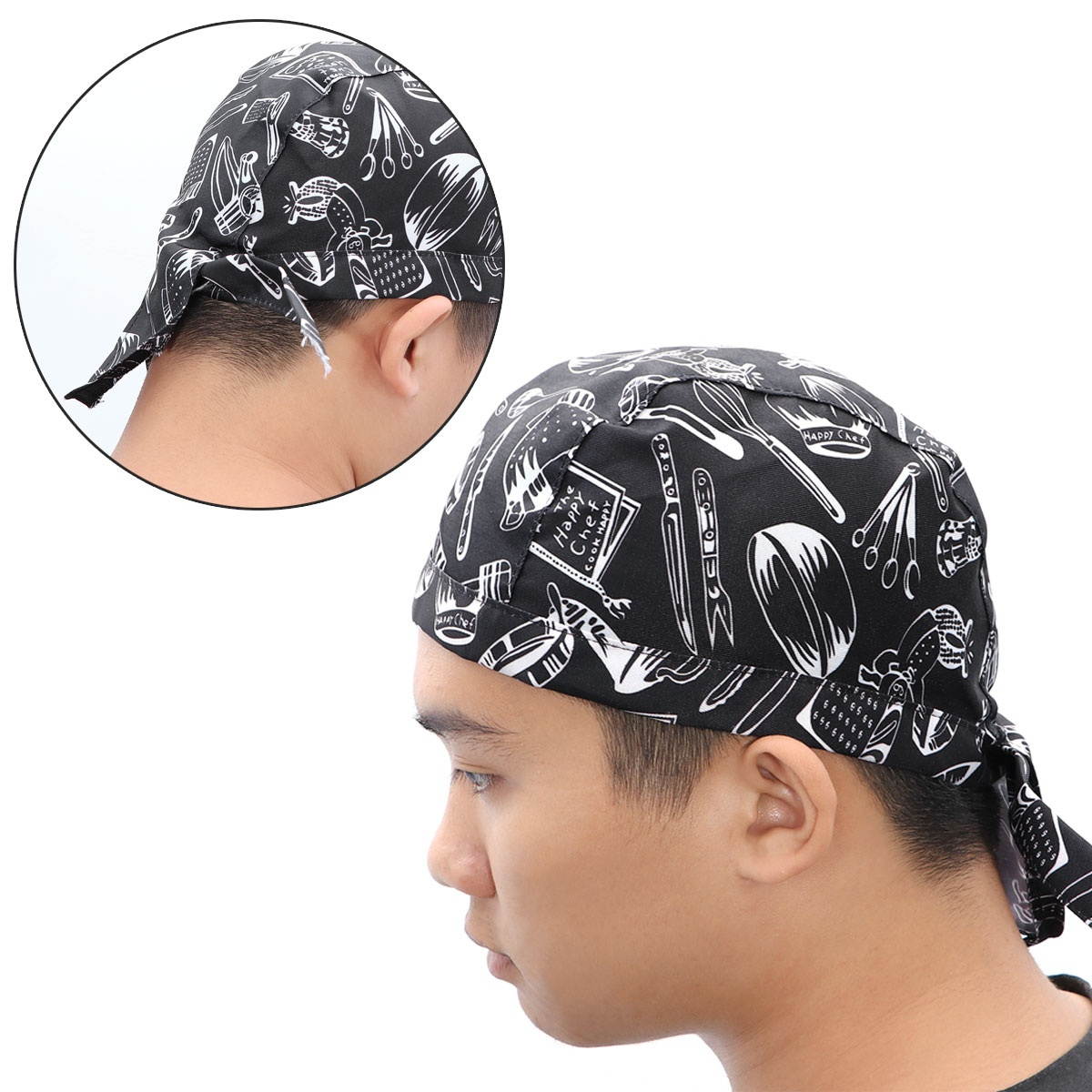 Fashion Cutlery Style Chefs Hat Cap Kitchen Catering Skull Cap Ribbon Cap Turban (Black+White)