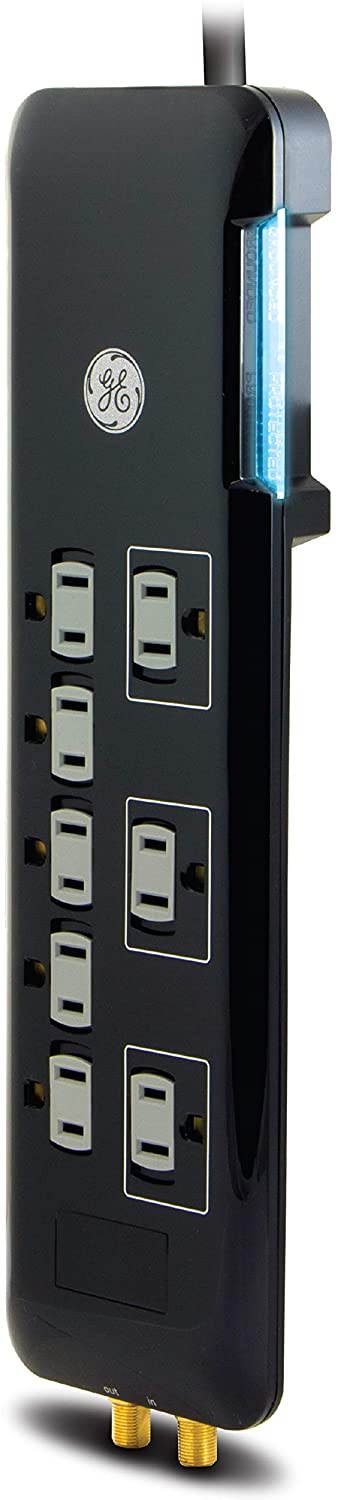 GE Surge Protector, 8 Outlet Power Strip, Long 4' Power Cord, Flat Plug, Power Filter, Circuit Breaker, 2160 Joules, 4' Cord, Black, 34461