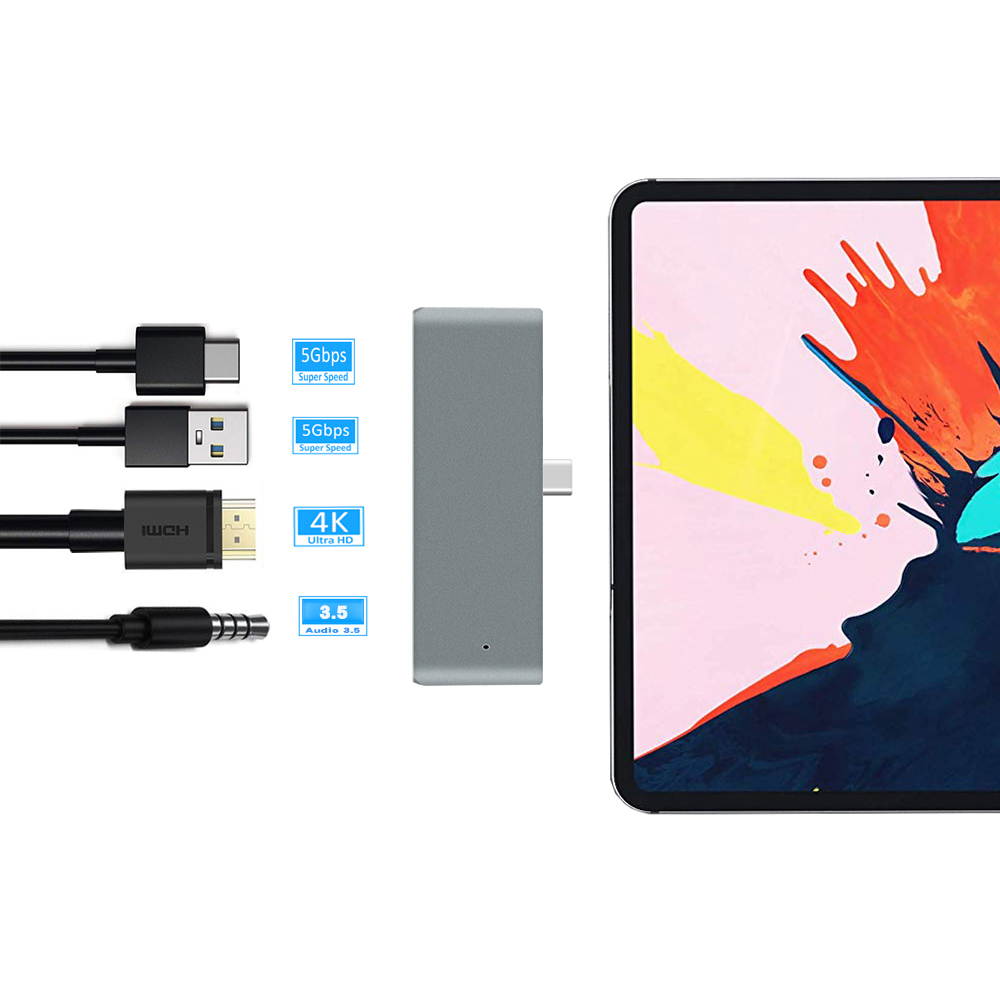 ESTONE USB C Hub Adapter for iPad Pro Accessories 2018 12.9" 11", 4 in 1 Type C Dongle Docking Station with HDMI Converter, 3.5mm Headphone Jack, USB-C PD Charging, USB 3.0, Silver