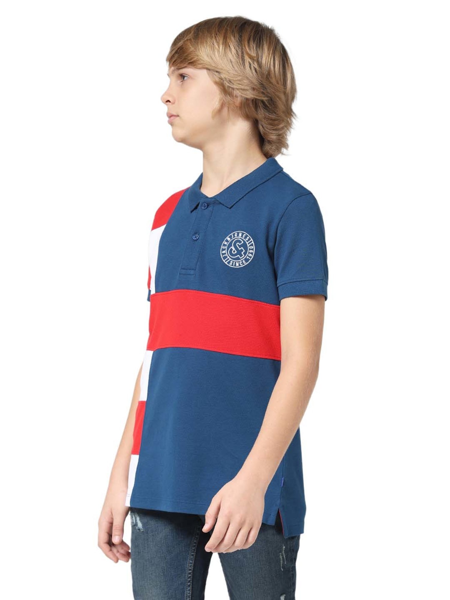 Jack & Jones Junior Blue & Red Cotton Color Block Polo T-Shirt