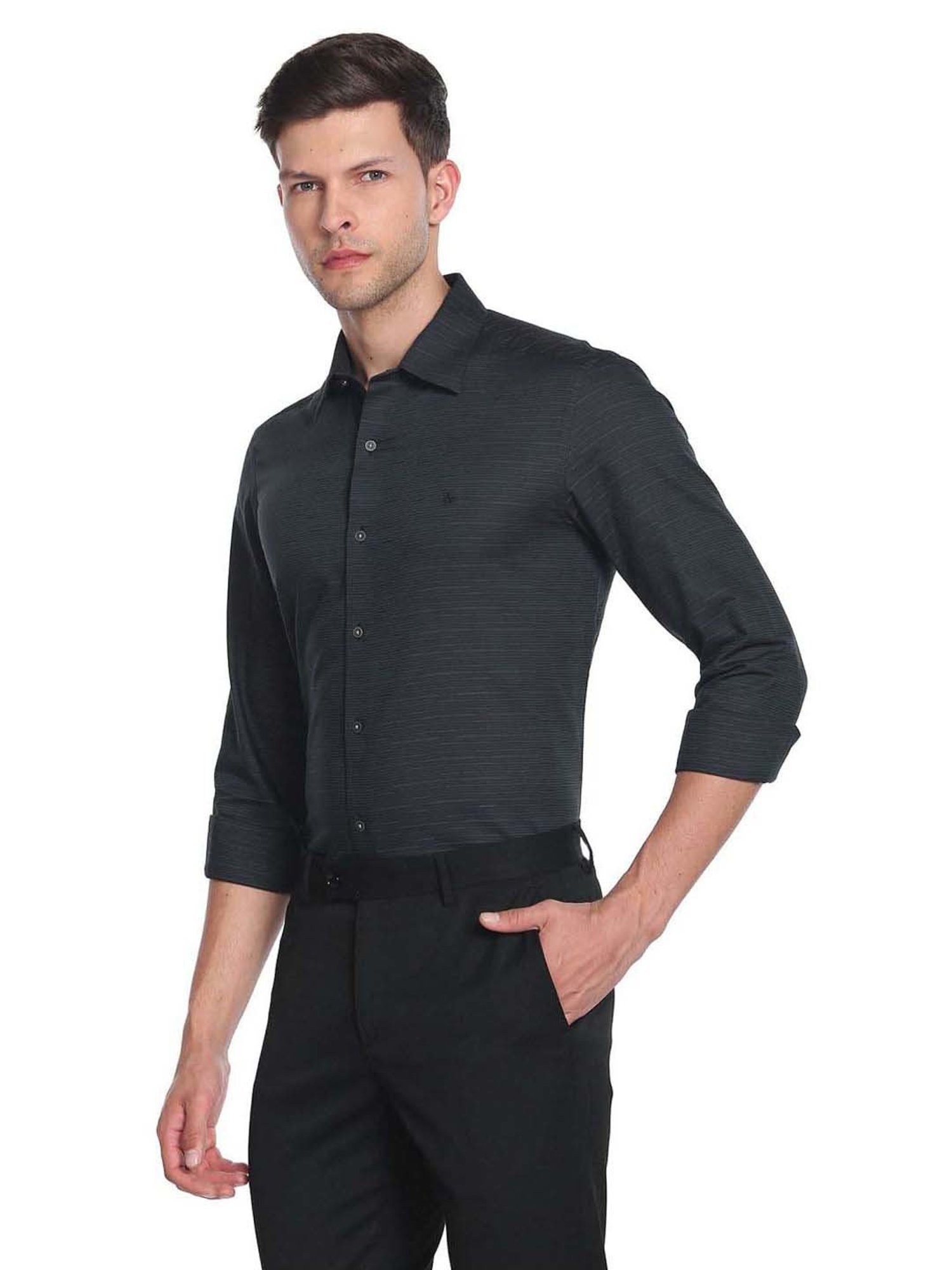Arrow New York Black Cotton Slim Fit Self Pattern Shirt