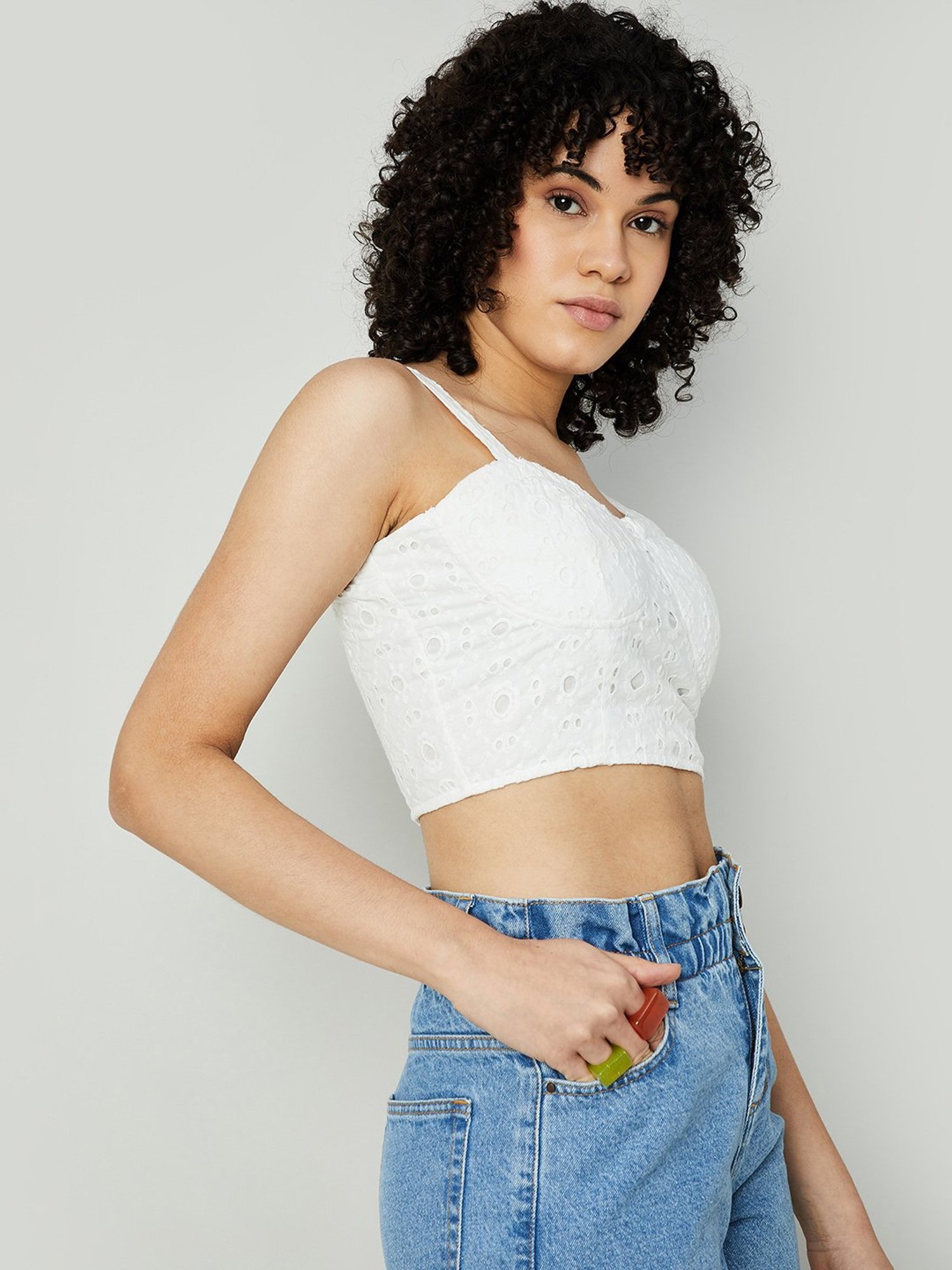Ginger by Lifestyle White Cotton Regular Fit Crop Top