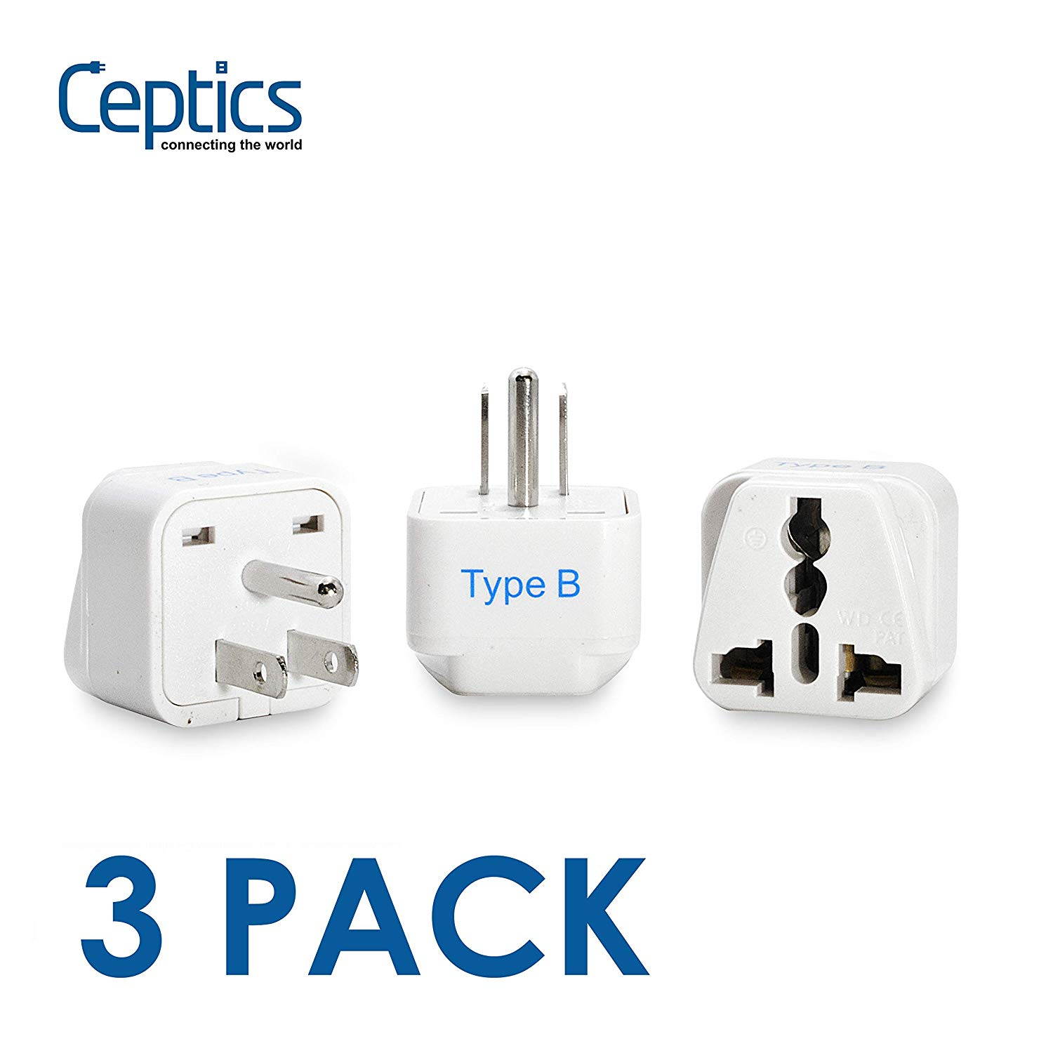 Ceptics USA, Canada, Japan, Philippines Travel Plug Adapter (Type B), Universal Socket Plug Accepts Plugs From any Country, Perfect for Cell Phones, Laptops, Chargers and More - 3 Pack (GP-5)
