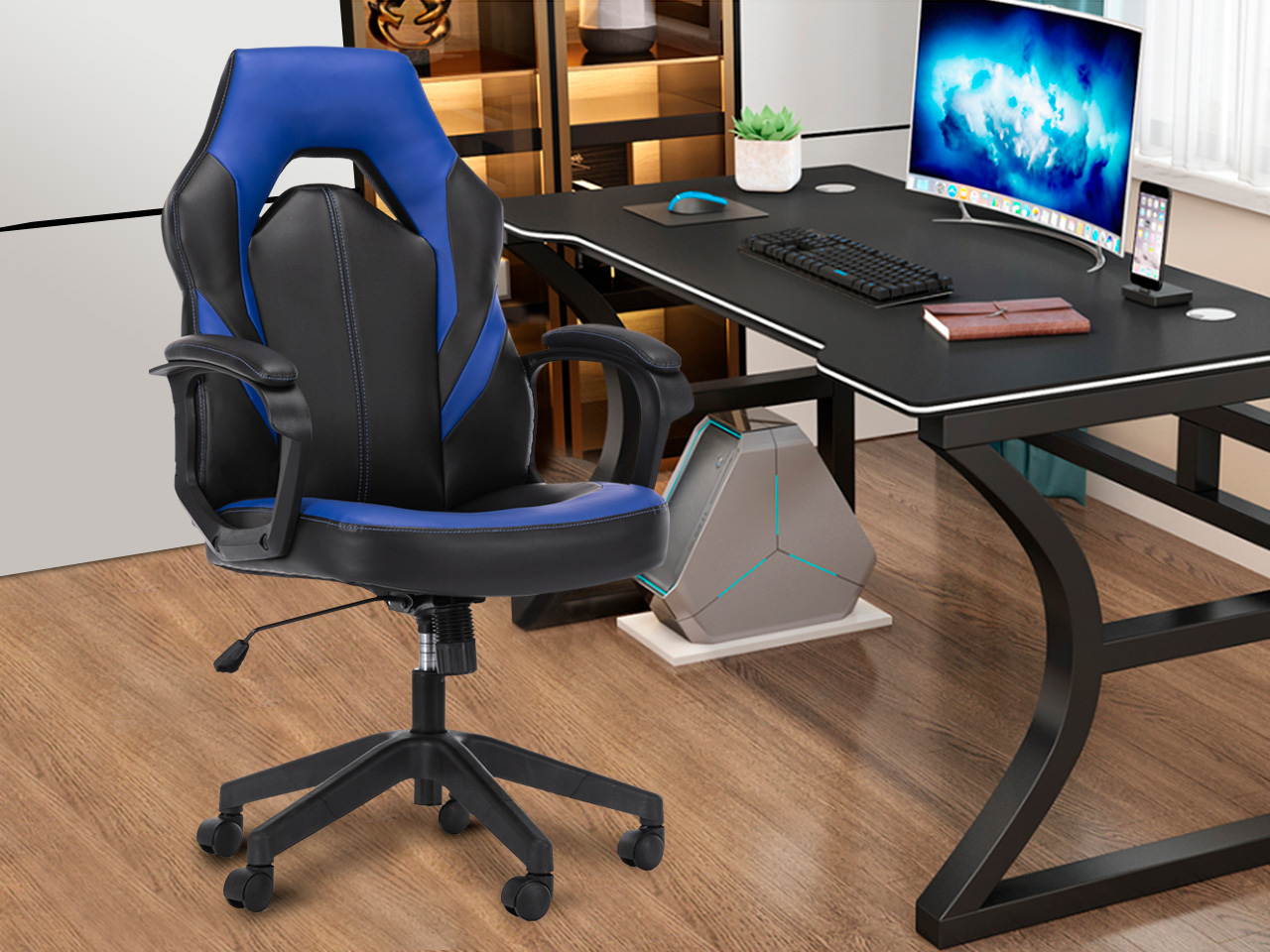 SMUGDESK Gaming Chair,  Office Computer Swivel Desk Task Chair, Ergonomic Executive Chair Bonded Leather with Padding Armrests and Lumbar Support (Blue)