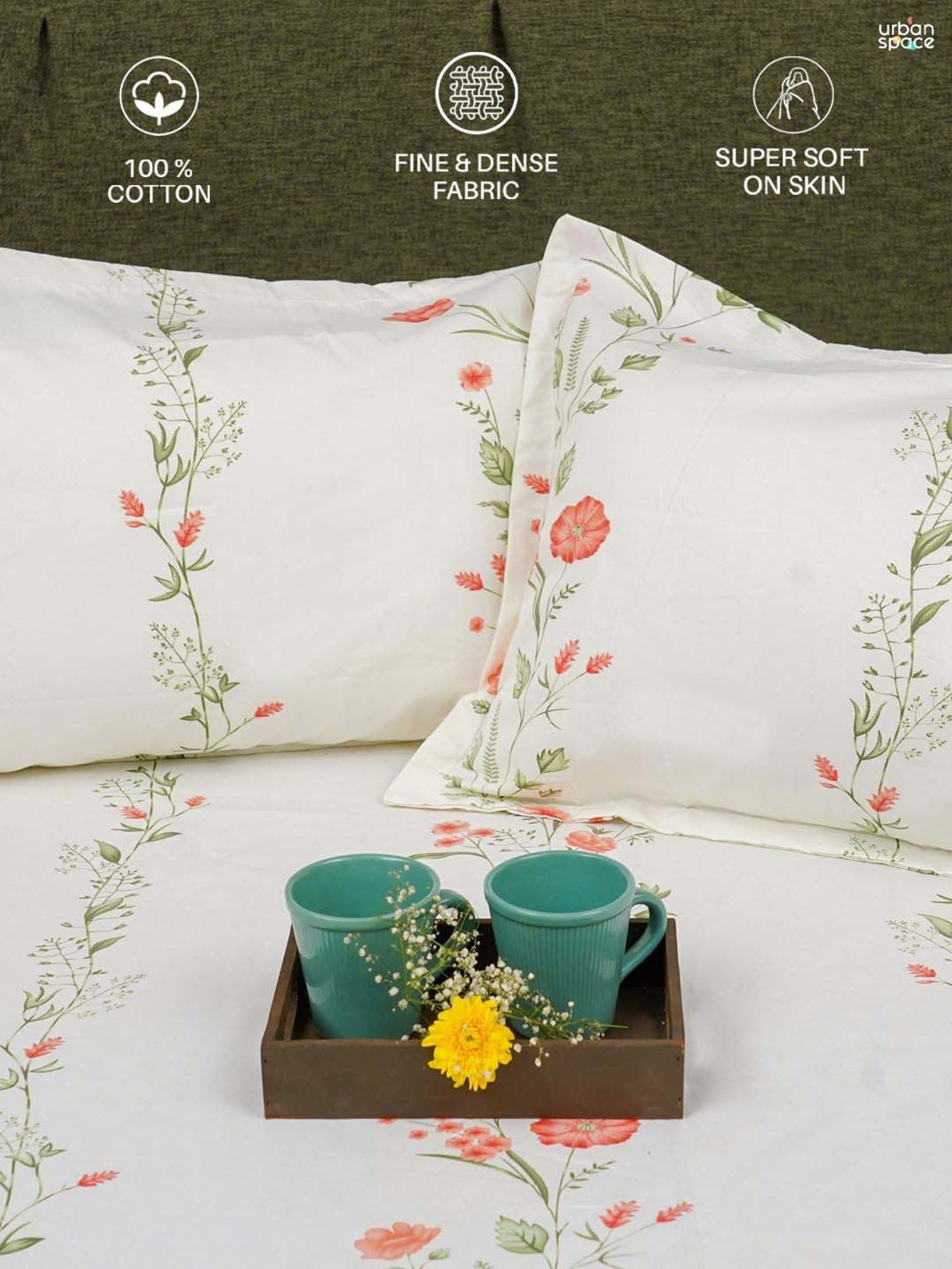 Urban Space Serene Peach Cotton 200 TC King Fitted Bedsheet With Pillow Covers