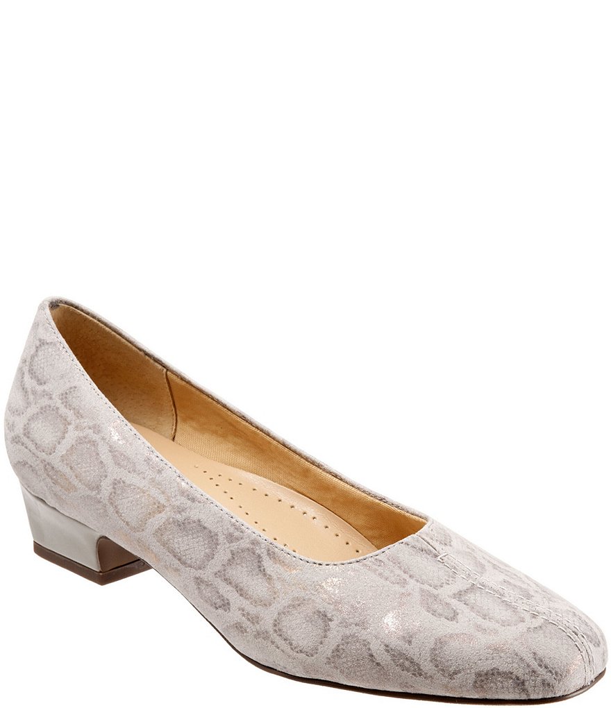 Trotters Doris Snake Print Metallic Suede Block Heel Pumps