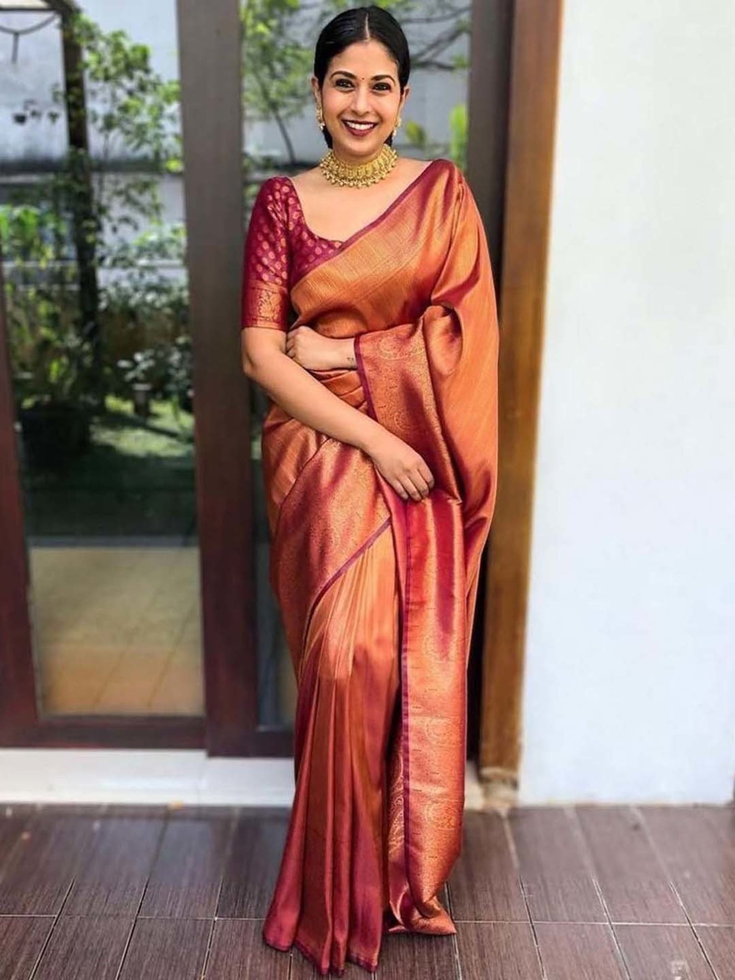 SHUBHKALA Golden Silk Woven Saree With Unstitched Blouse