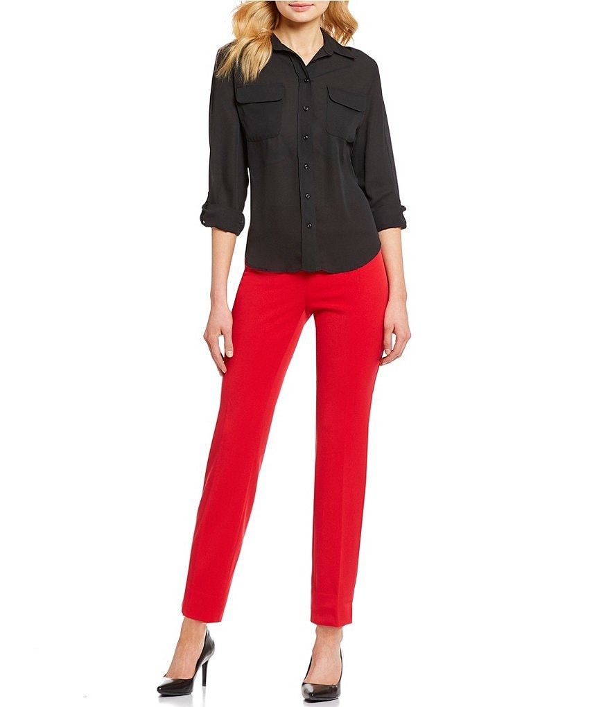 Investments Olivia Machine Washable Point Collar Neck Long Sleeve Button-Front Roll-Tab Utility Blouse