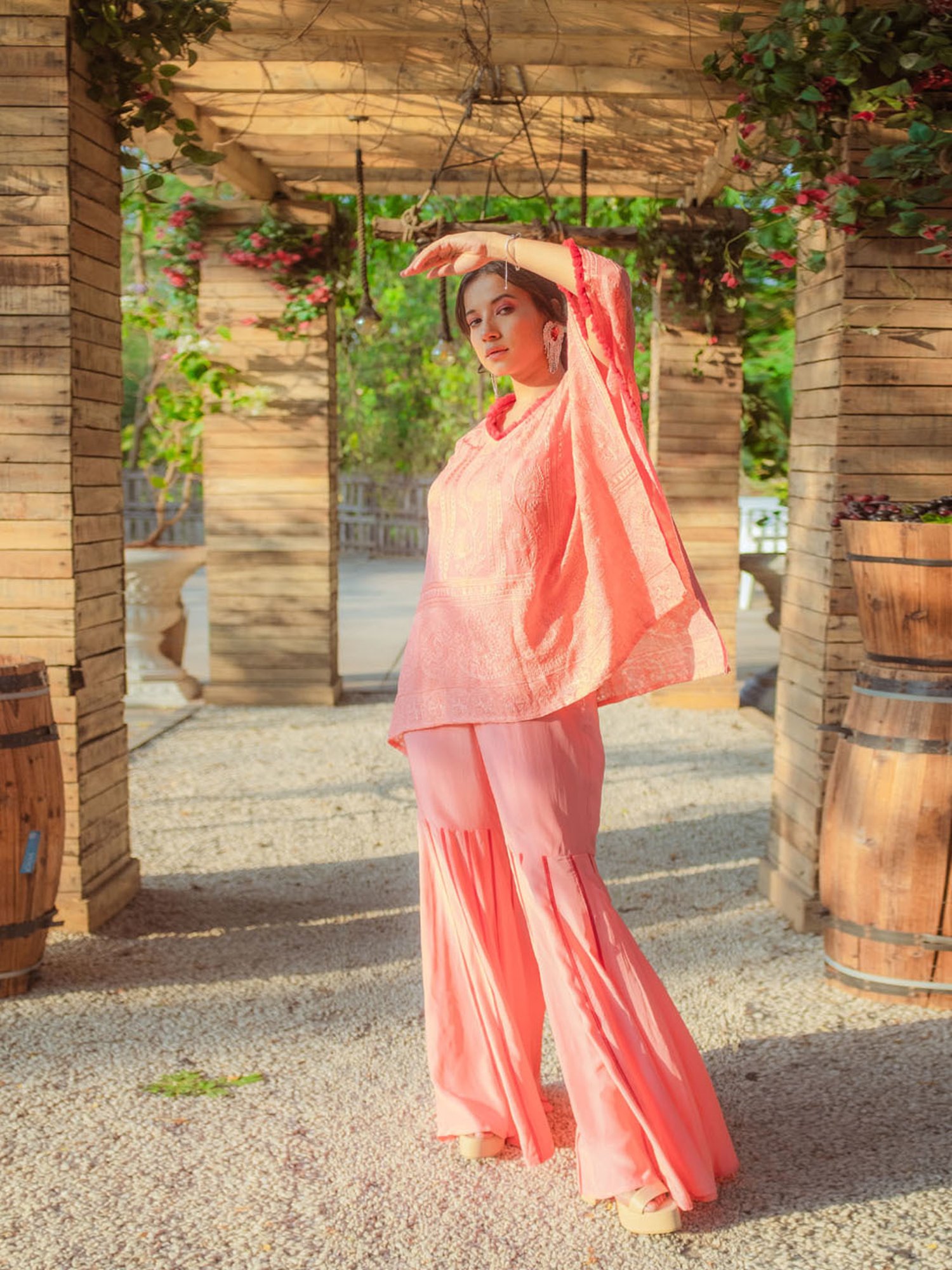 Monk and Mei Suraiya Chikankari Kaftan, Sharara & Belt - Peachy Melon
