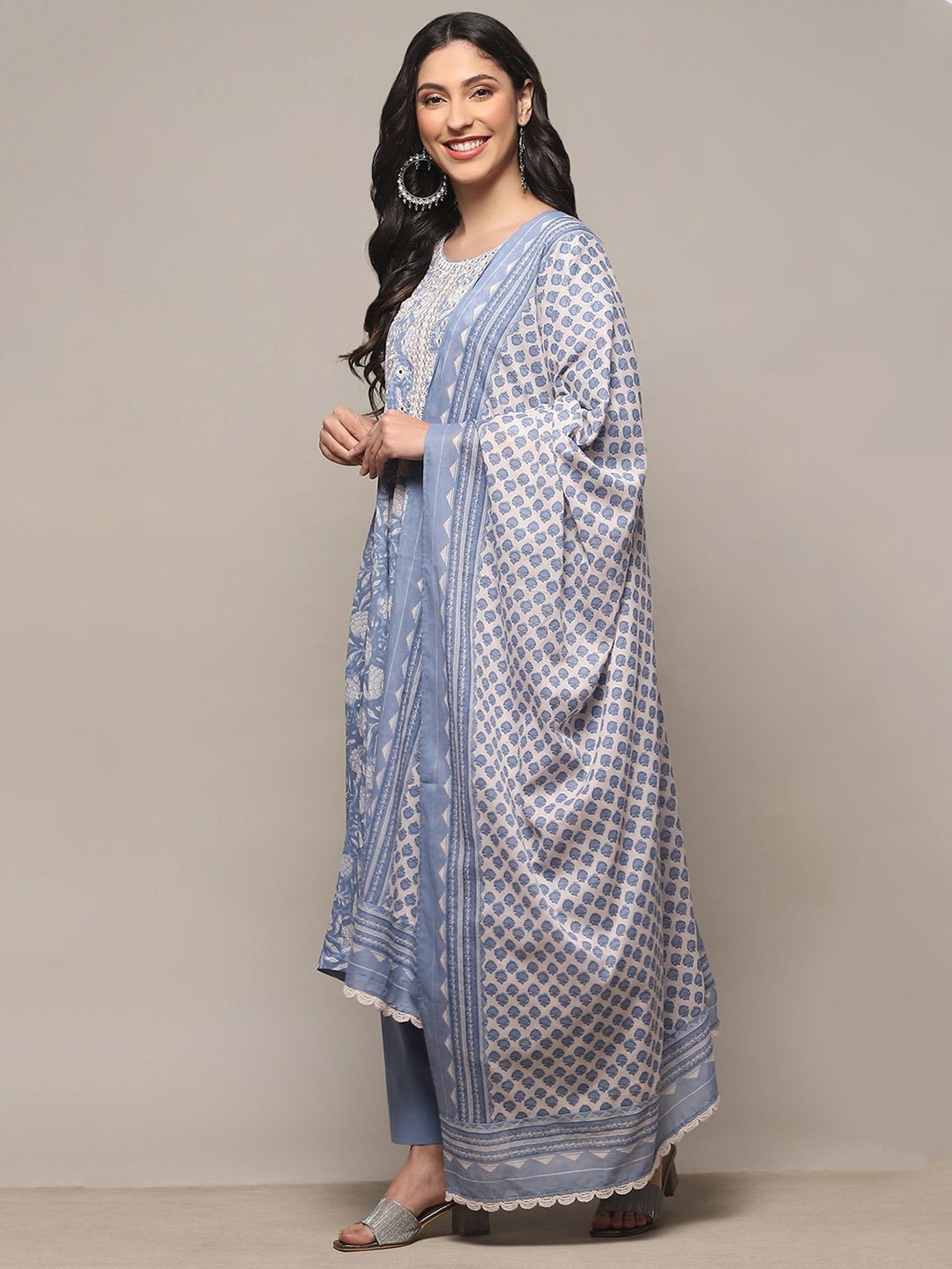 Biba Blue Printed Kurta With Palazzo & Dupatta