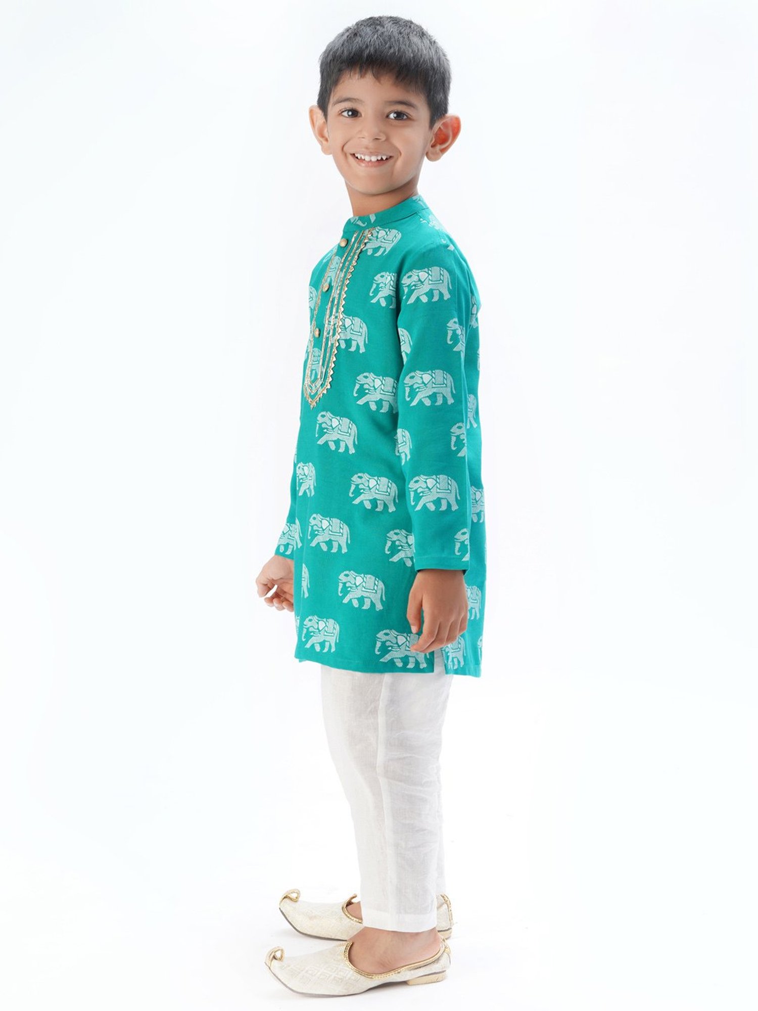 Lil Drama Kids Turquoise & White Printed Full Sleeves Kurta with Pants
