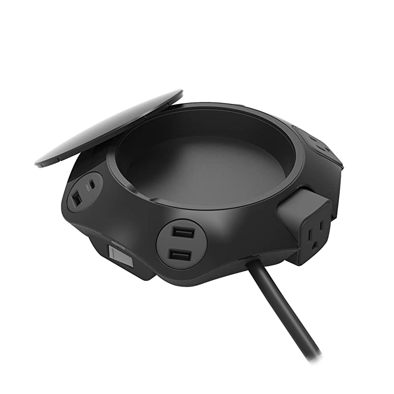 Power Office Perfect IoT hub Holder for Echo Dot 3rd4th Generation and Google Home Mini with 4 Protected outlets 3 USBA and 1 USBC Charging Ports Black 8ft Cord