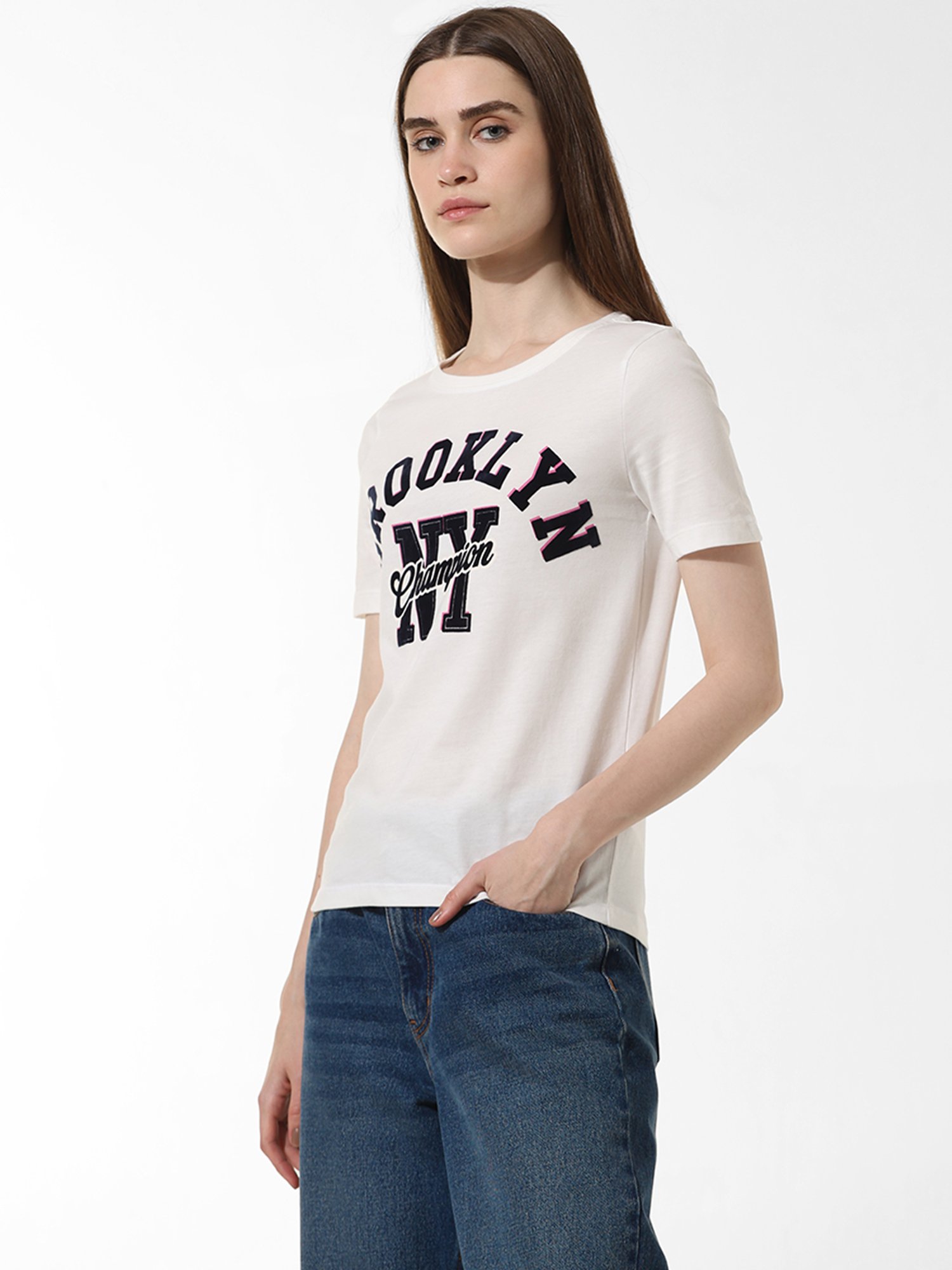 Only White & Black Cotton Graphic Print T-Shirt