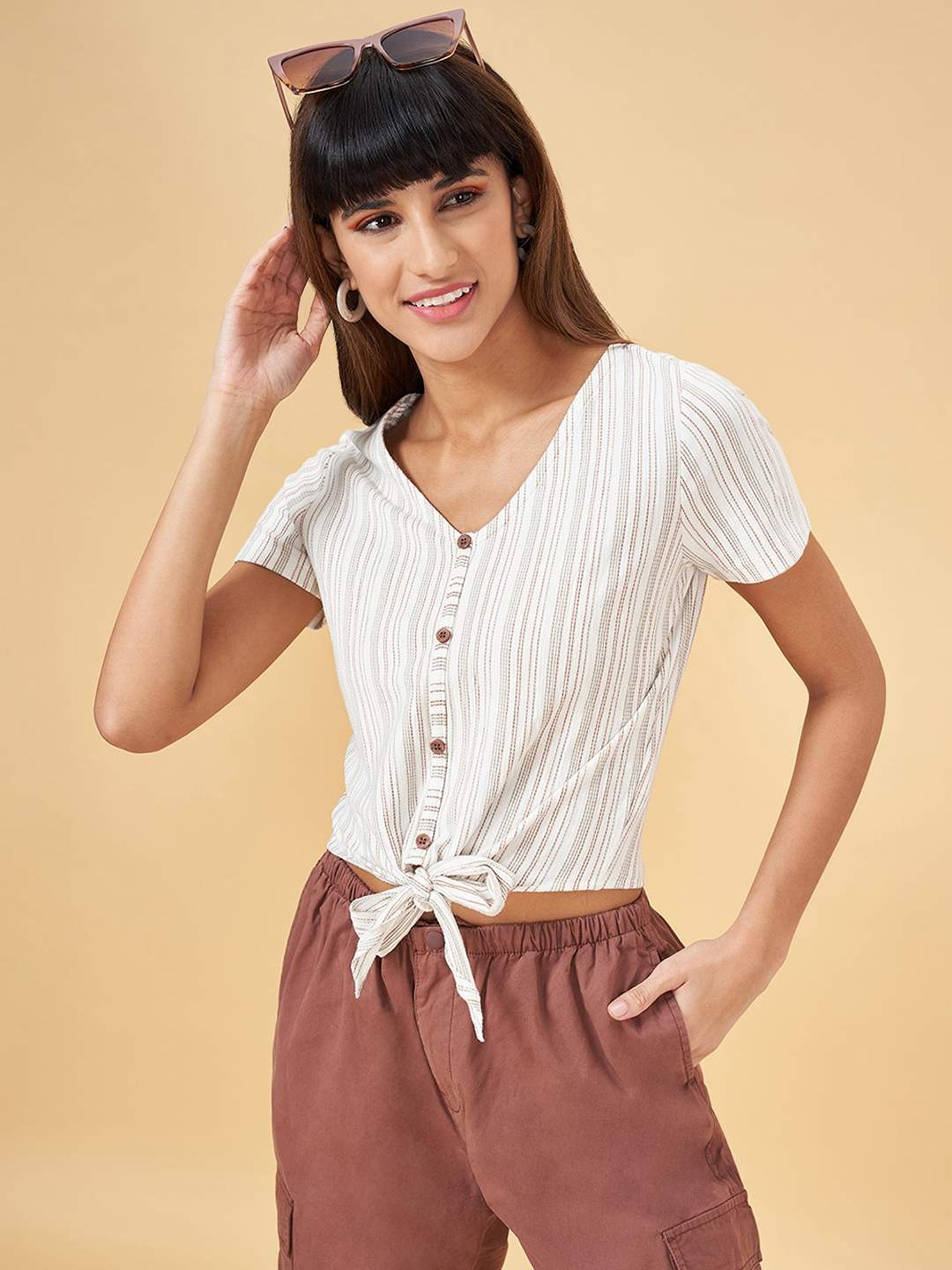 People by Pantaloons White Cotton Striped Crop Top