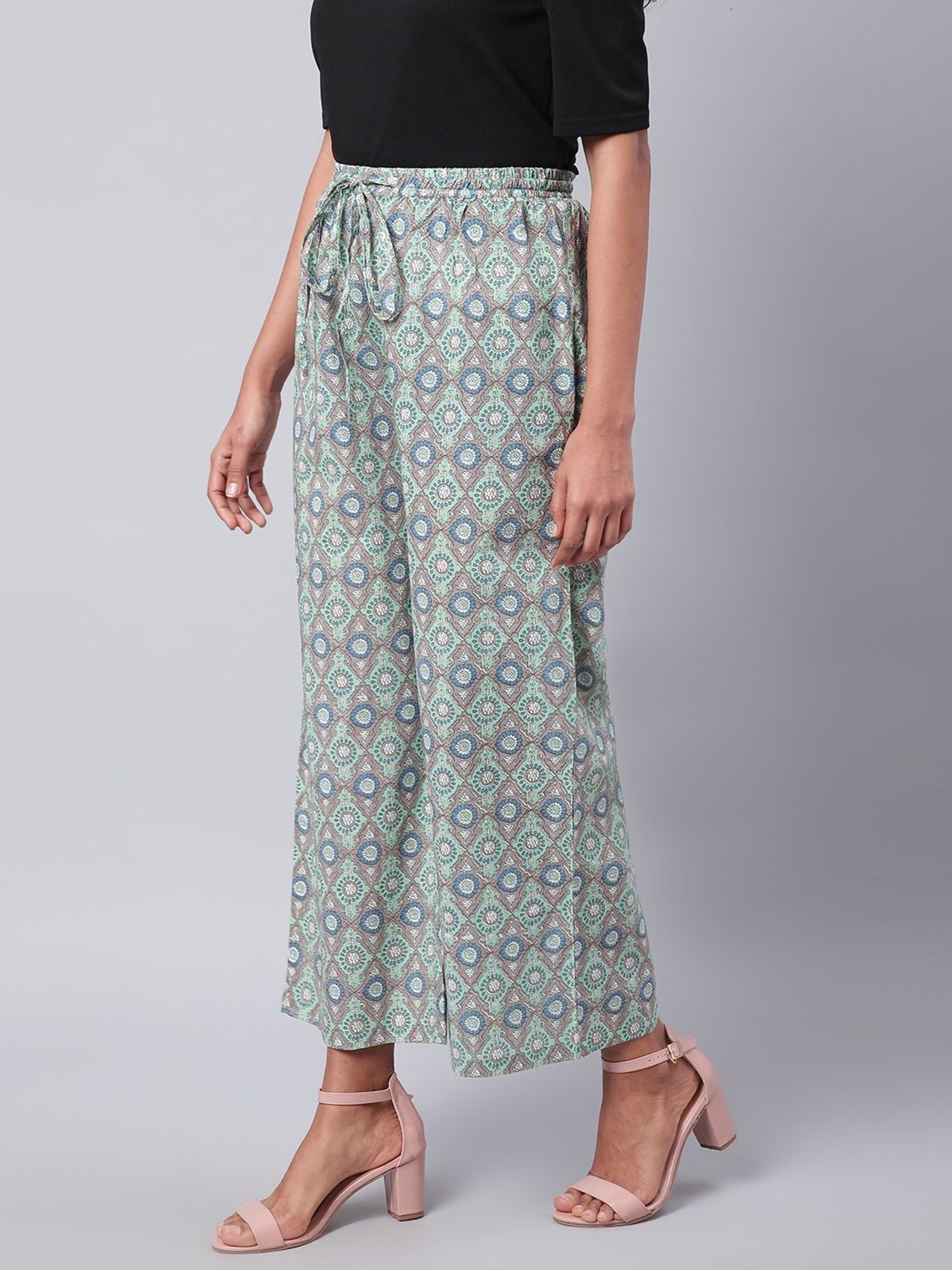 Sringam Grey Cotton Printed Palazzos