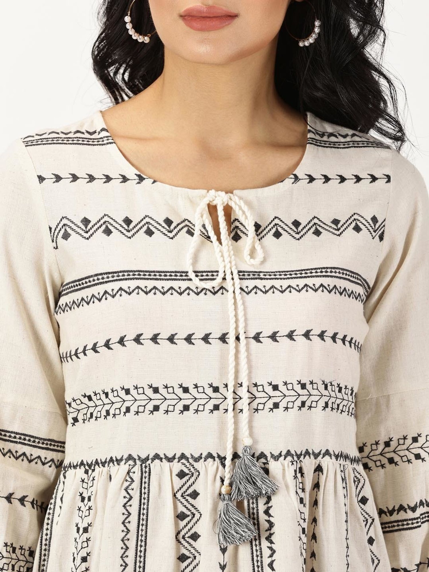 Saffron Threads Off White Cotton Embroidered Ethnic Dress