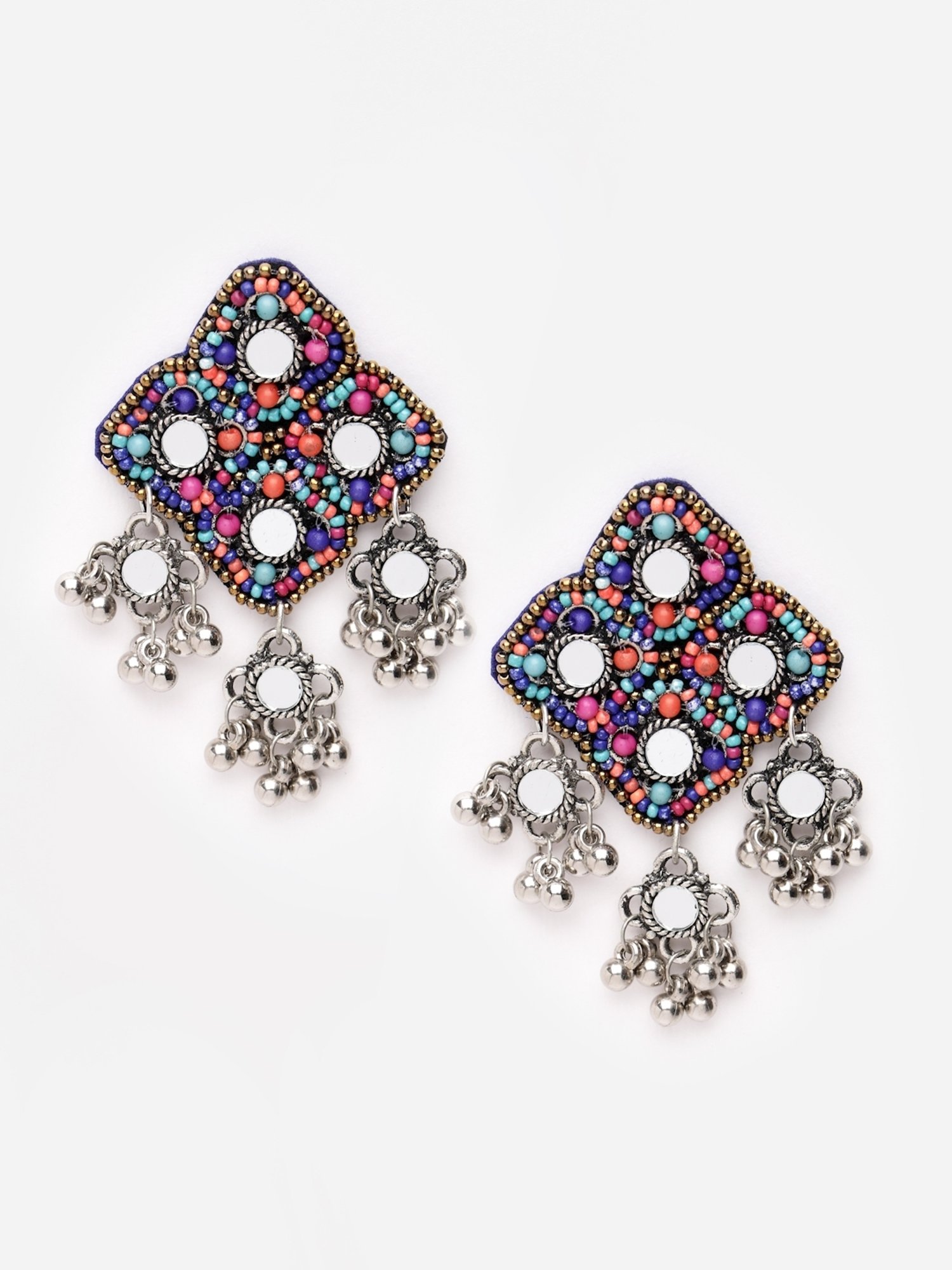 Moedbuille Multi Beads & Mirrors Studded Afghan Design Oxidized Silver-Plated Drop Earrings