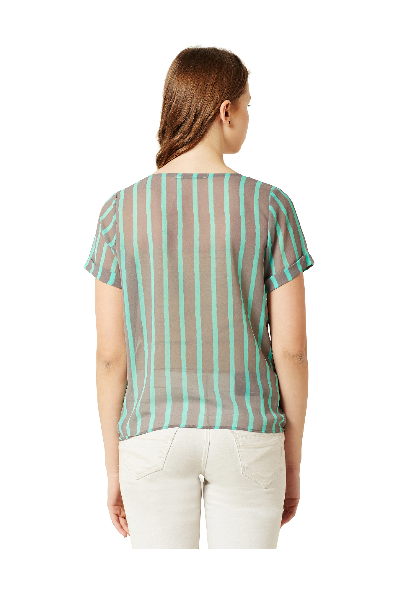 Miss Chase Grey & Mint Striped Georgette Top
