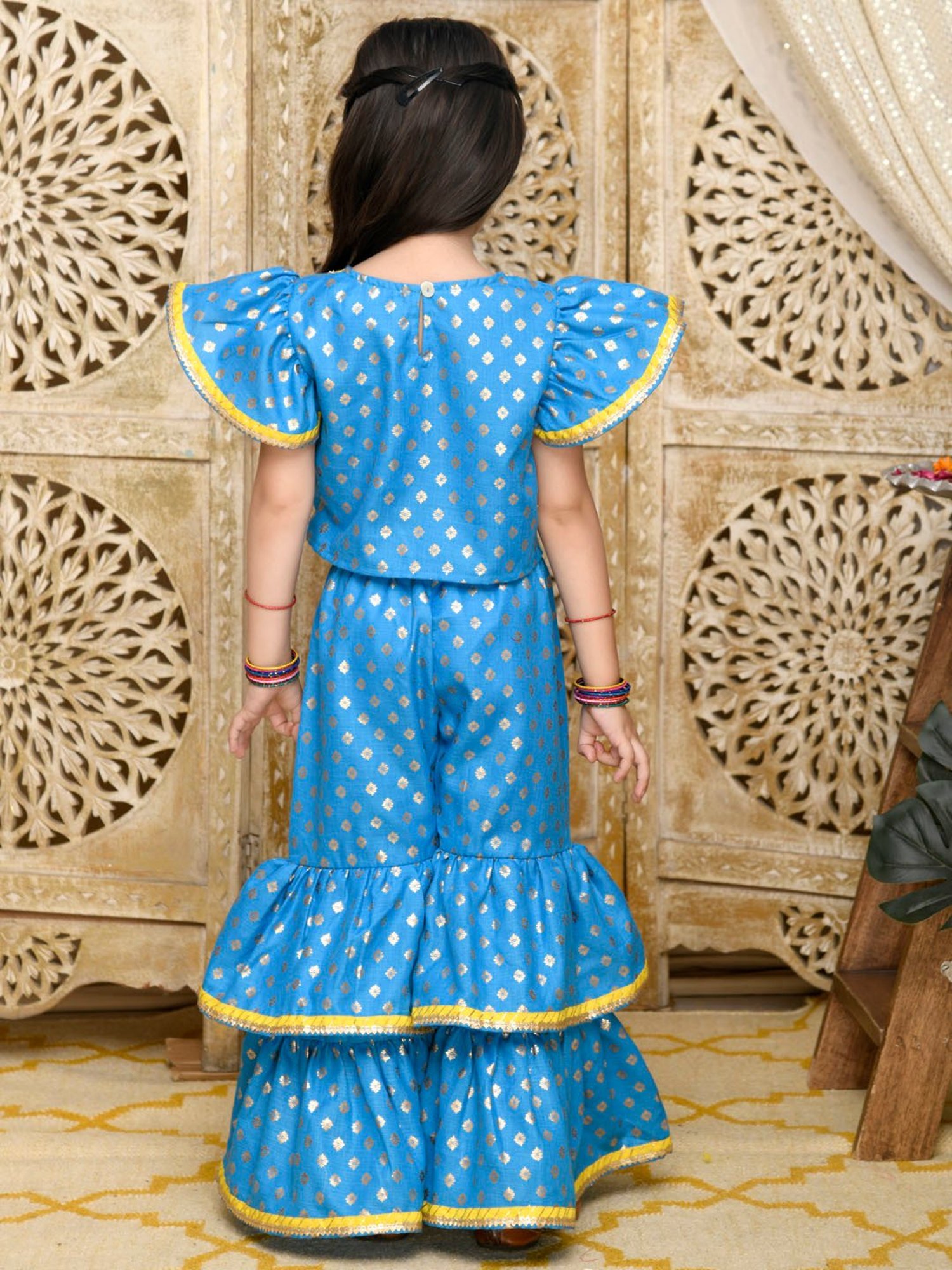 Saka Designs Kids Blue & Gold Printed Top with Sharara