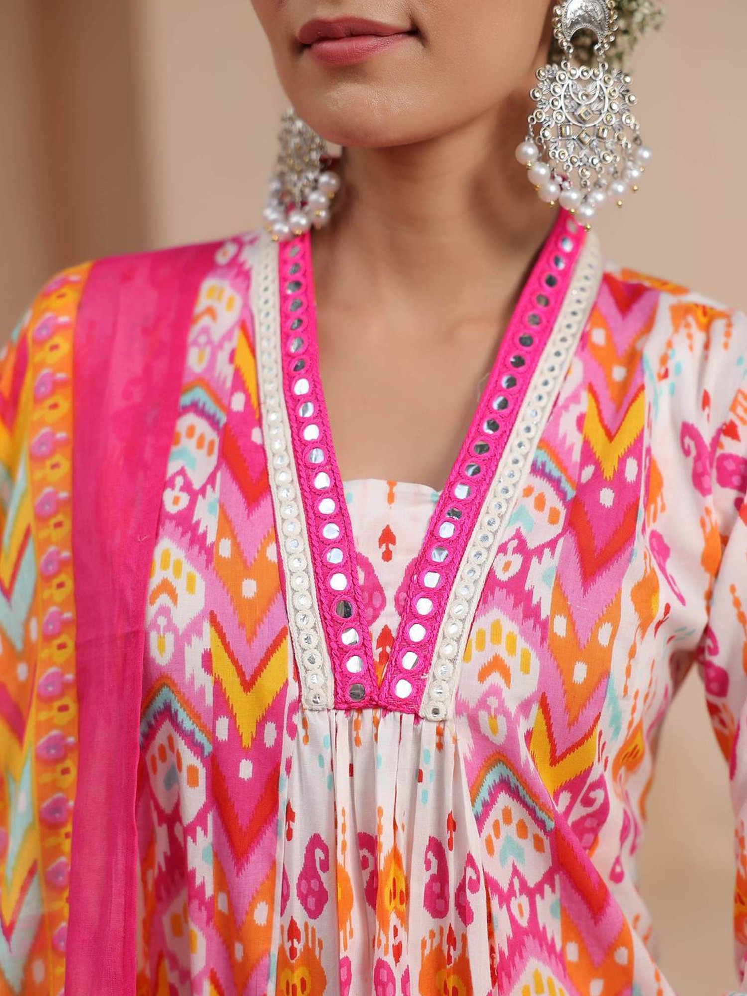 Rain and Rainbow Pink & White Cotton Printed Kurta & Pant Set With Dupatta