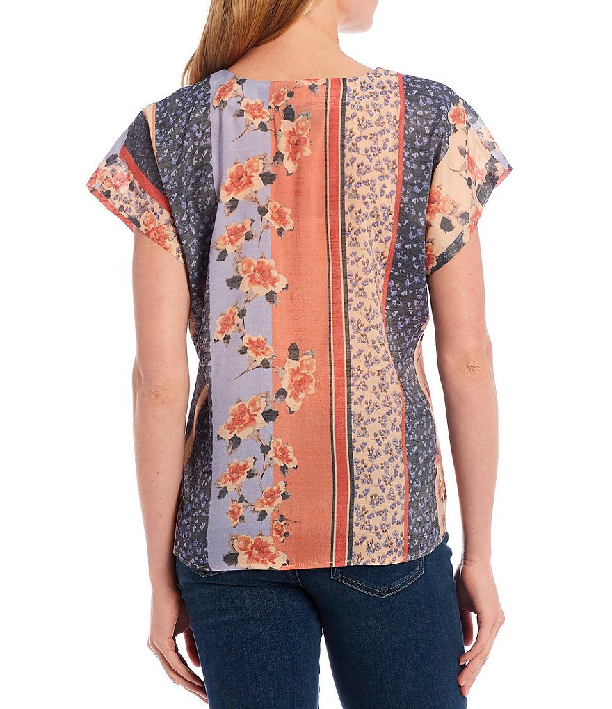 Bobeau Lucille Wallpaper Print V-Neck Short Sleeve Button Down Tie-Front Top