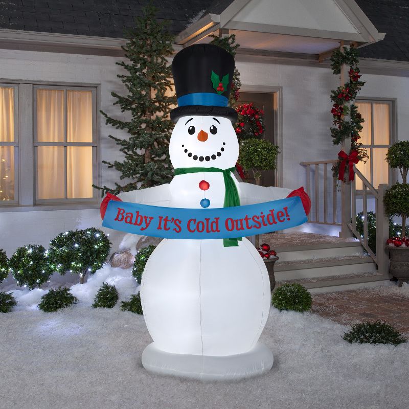 Gemmy Animated Christmas Airblown Inflatable Snowman w/Banner, 8 ft Tall, white