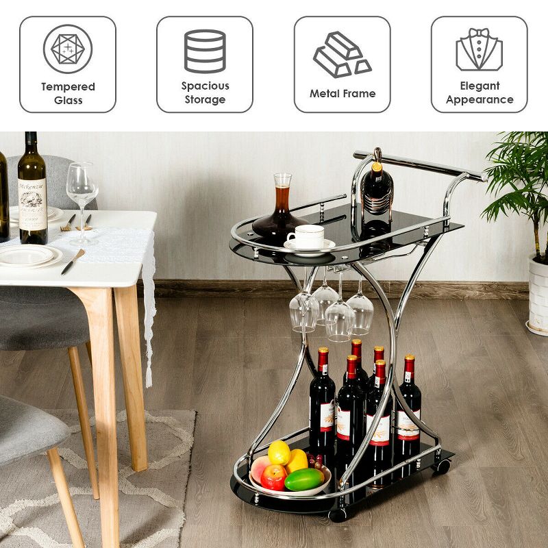 Costway Serving Cart Kitchen Bar Wine Cart 2 Tier Glass Shelves and Metal Frame w/Wheels