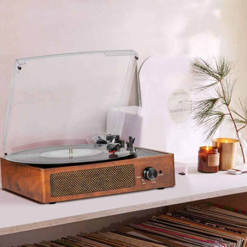 Bluetooth Record Player Belt-Driven 3-Speed Turntable, Vintage Vinyl Record Players Built-in Stereo Speakers, with Headphone Jack/ Aux Input/ RCA Line Out