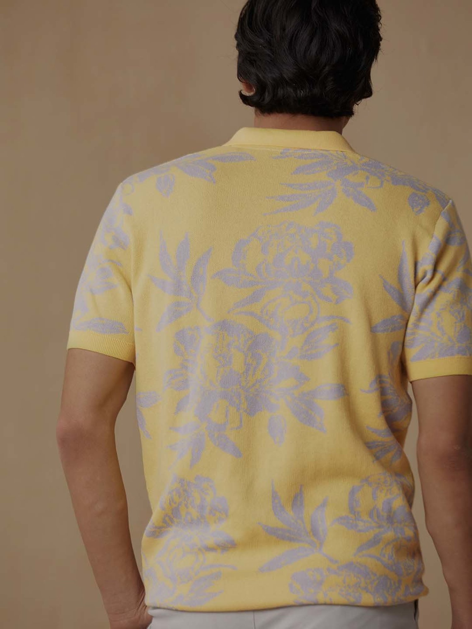 ANDAMEN Yellow Regular Fit Printed Cotton Polo T-Shirt