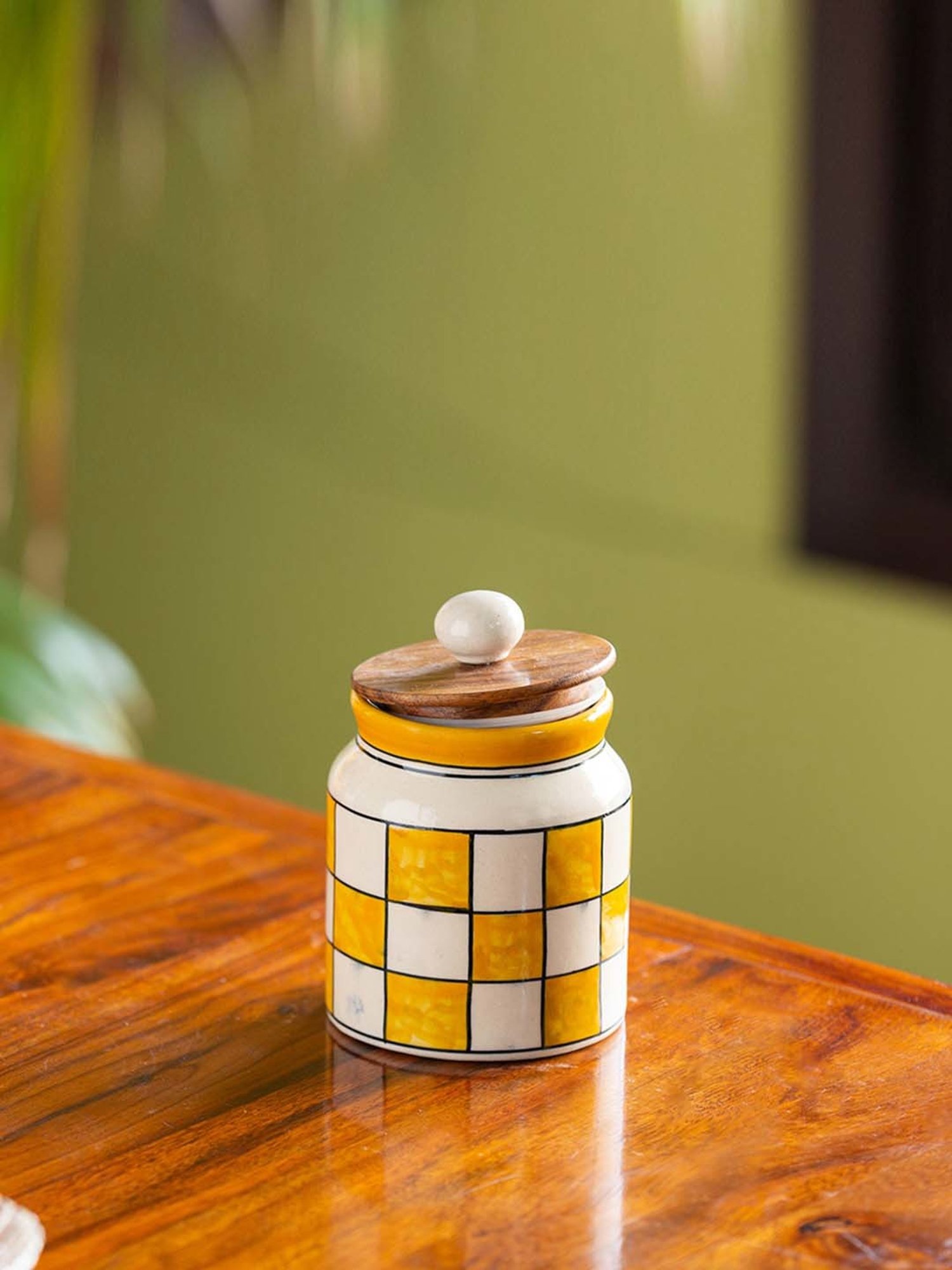 ExclusiveLane 'Shatranj Check' Hand-painted Storage Jar & Container (Non-airtight, 500 ML, 5.2 Inch)