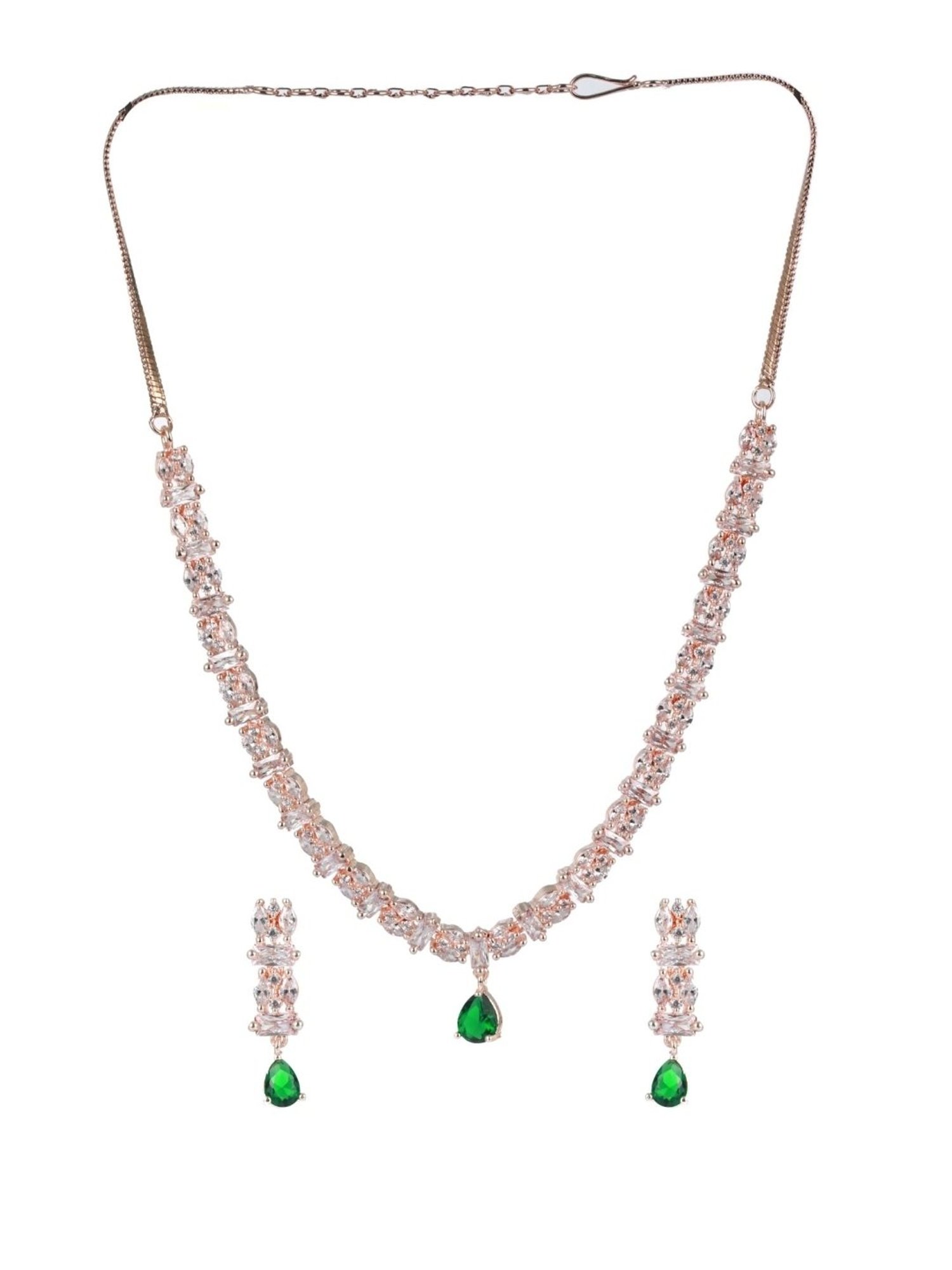 Aatmana Rose Gold-Plated Green & White American Diamond & CZ-Studded Necklace Set