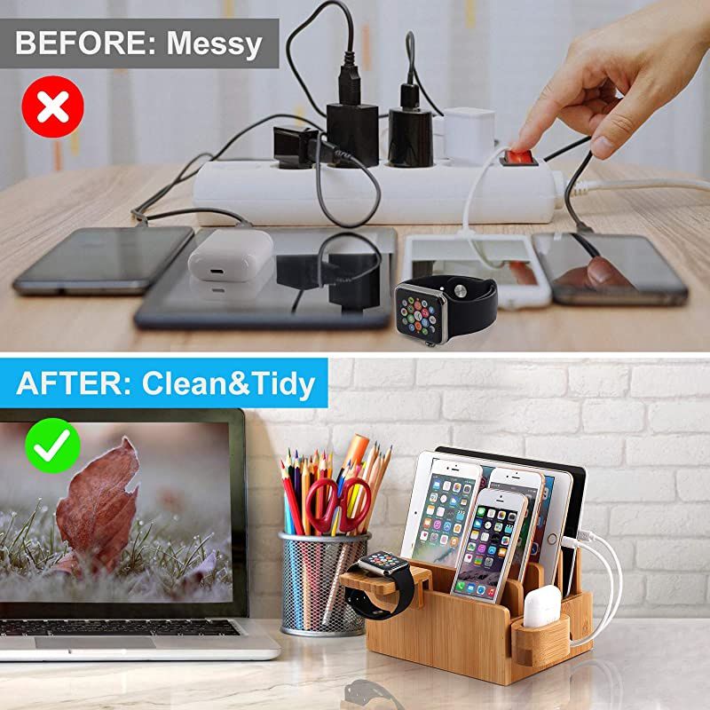 Charging Station Organizer for Multiple Devices Desktop Docking Stations Holder for Cell Phone Tablet iWatch Airpod Charge Stand Included Watch Airpod Stand 5 Cable ?No USB Charger